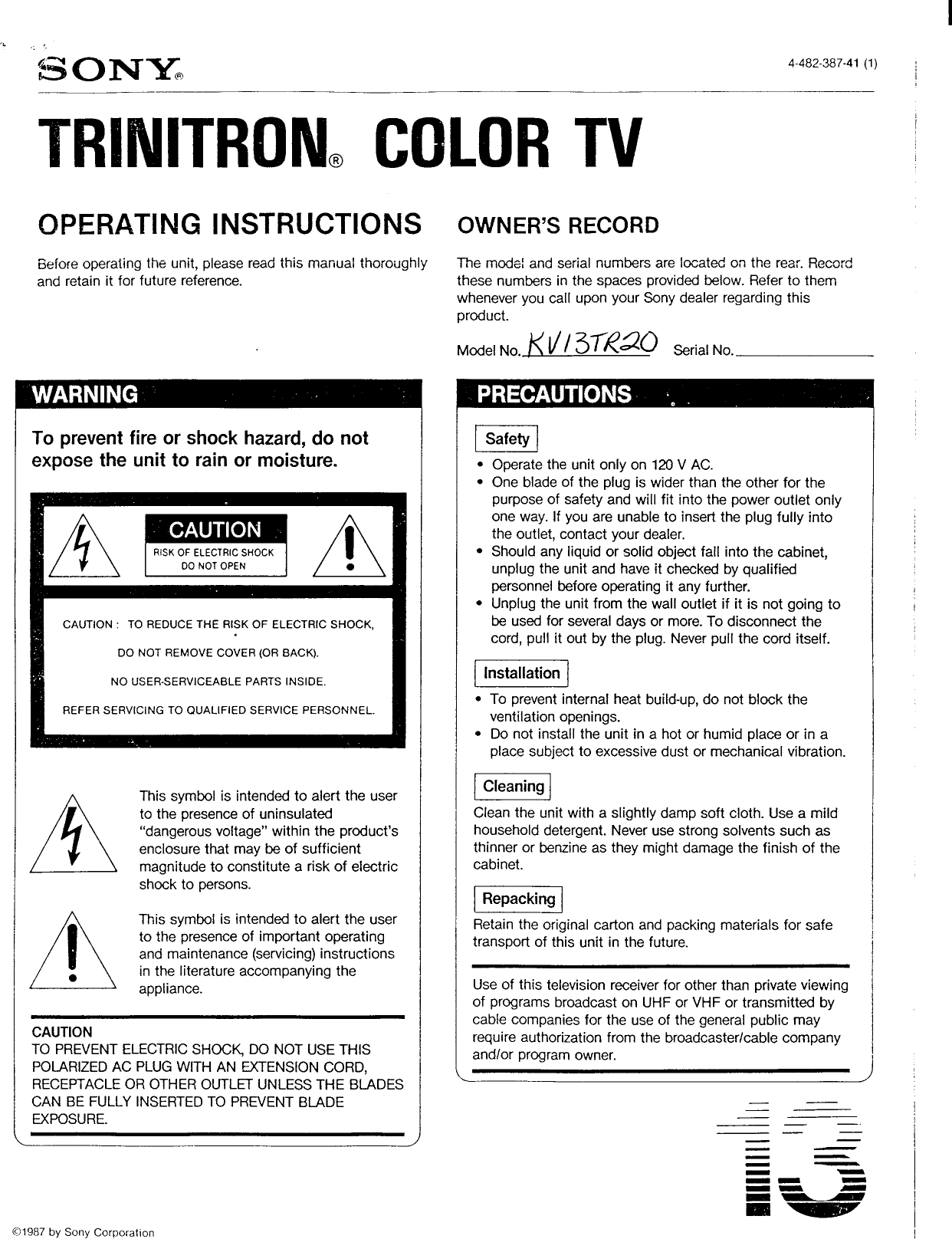 Page 1 of 6 - Sony KV-13TR20 Primary User Manual KV13TR20