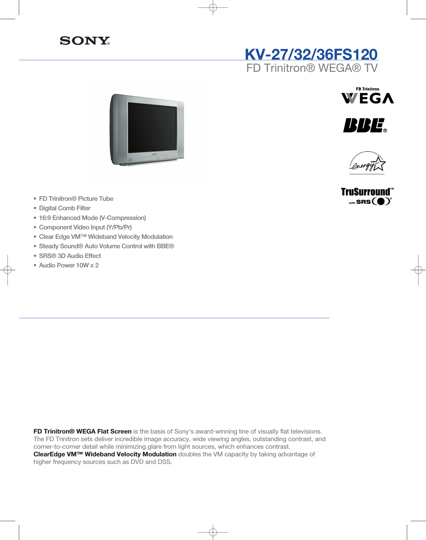 Page 1 of 2 - Sony KV-27FS120 User Manual Marketing Specifications KV27FS120 Mksp