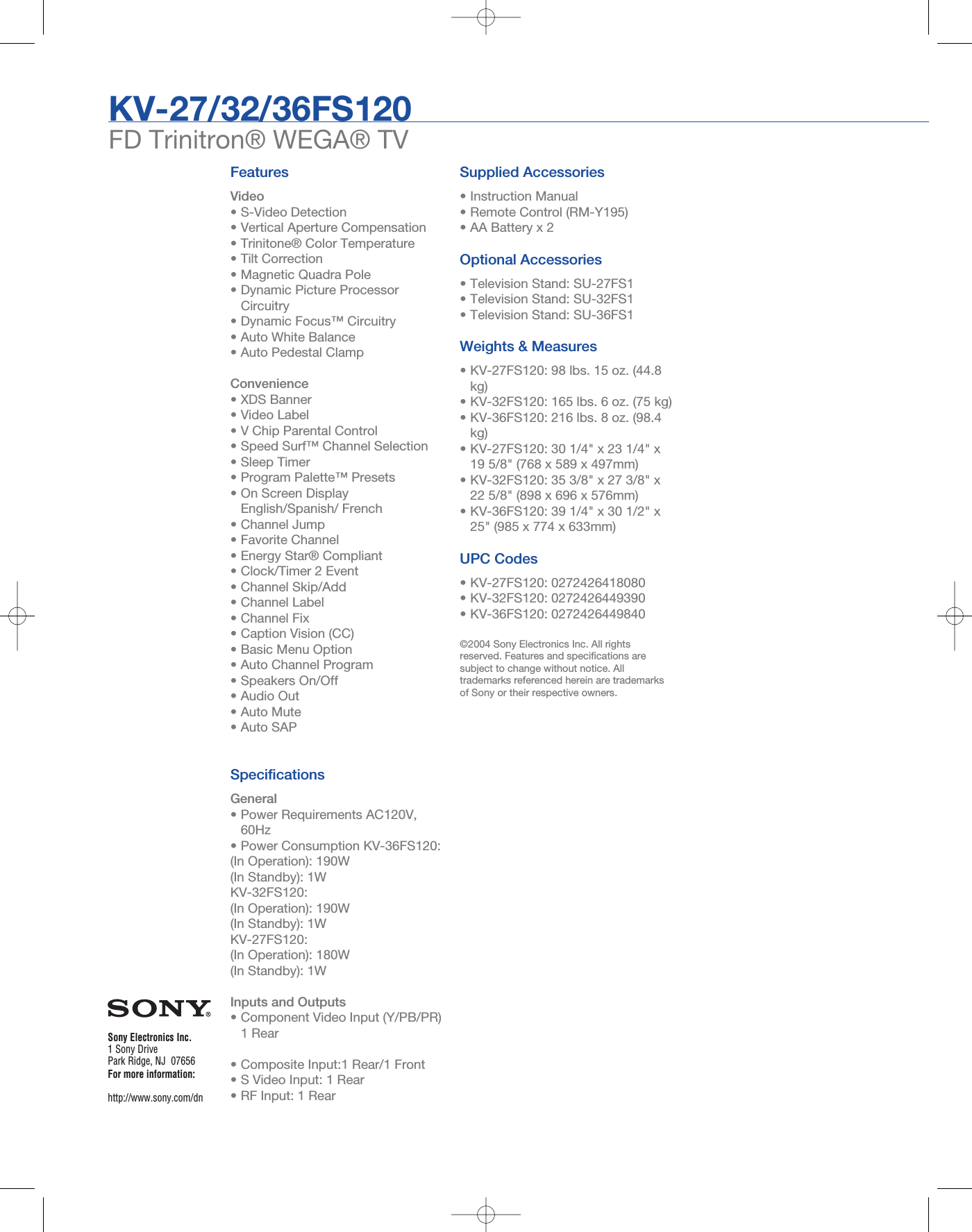 Page 2 of 2 - Sony KV-27FS120 User Manual Marketing Specifications KV27FS120 Mksp