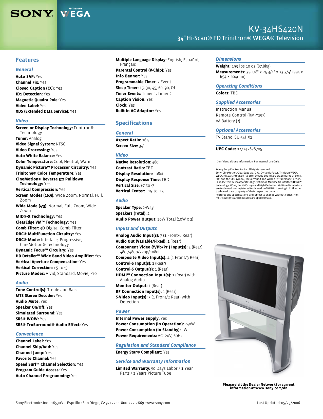 Page 2 of 2 - Sony KV-34HS420 User Manual Marketing Specifications KV34HS420N Mksp