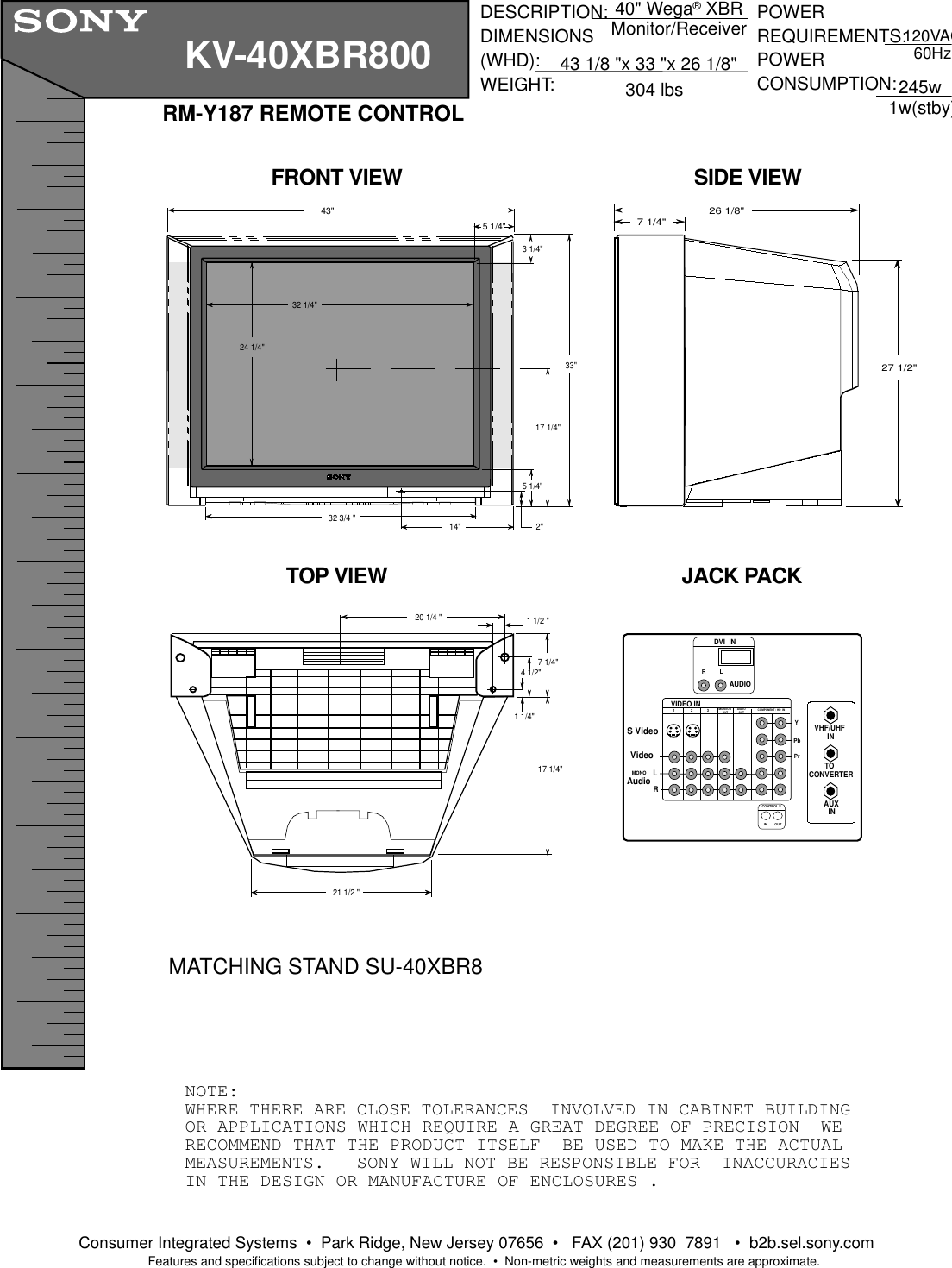 Page 1 of 1 - Sony KV-40XBR800 User Manual Dimensions Diagrams KV40XBR800diagram