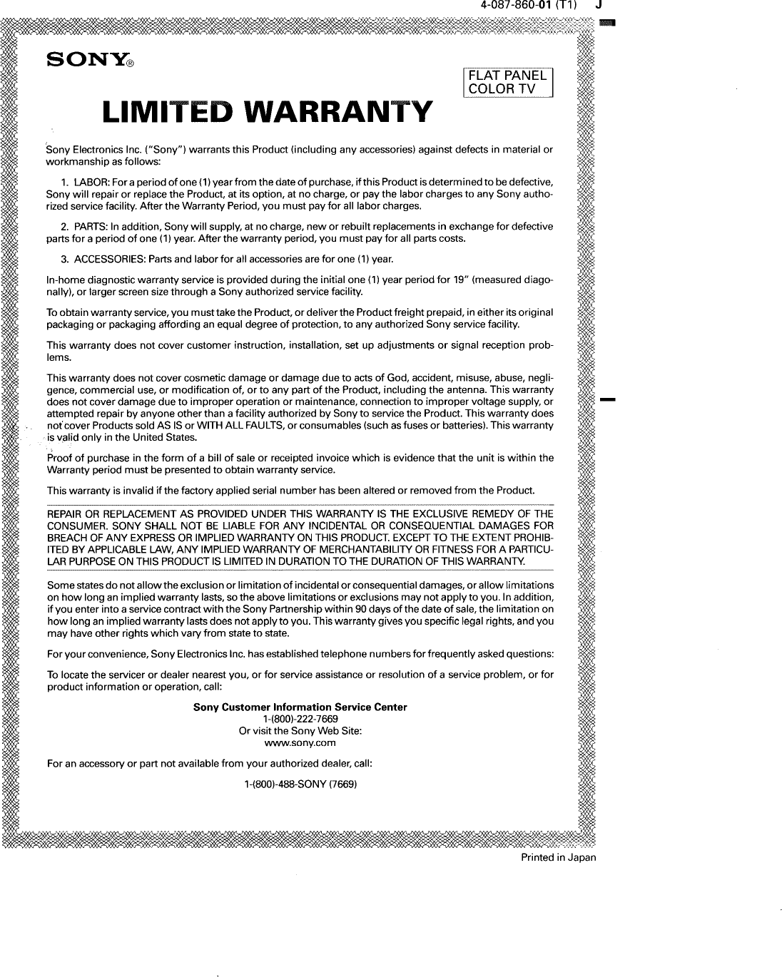 Page 1 of 1 - Sony LDM-3000 User Manual Limited Warranty Flat Panel 1yr