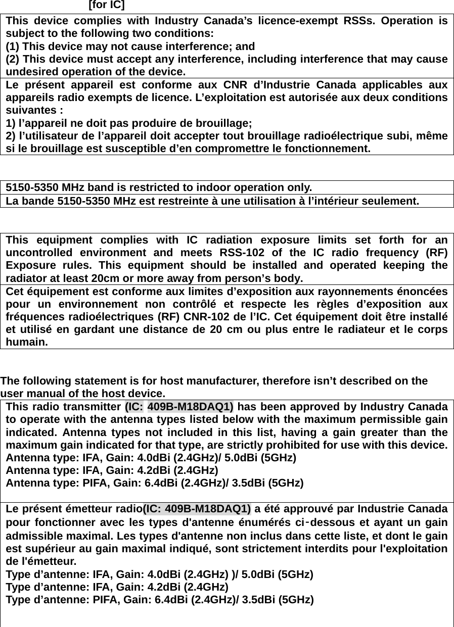 [for IC]     This device complies with Industry Canada&rsquo;s licence-exempt RSSs. Operation is subject to the following two conditions: (1) This device may not cause interference; and   (2) This device must accept any interference, including interference that may cause undesired operation of the device. Le pr&eacute;sent appareil est conforme aux CNR d&rsquo;Industrie Canada applicables aux appareils radio exempts de licence. L&rsquo;exploitation est autoris&eacute;e aux deux conditions suivantes : 1) l&rsquo;appareil ne doit pas produire de brouillage; 2) l&rsquo;utilisateur de l&rsquo;appareil doit accepter tout brouillage radio&eacute;lectrique subi, m&ecirc;me si le brouillage est susceptible d&rsquo;en compromettre le fonctionnement.   5150-5350 MHz band is restricted to indoor operation only. La bande 5150-5350 MHz est restreinte &agrave; une utilisation &agrave; l&rsquo;int&eacute;rieur seulement.   This equipment complies with IC radiation exposure limits set forth for an uncontrolled environment and meets RSS-102 of the IC radio frequency (RF) Exposure rules. This equipment should be installed and operated keeping the radiator at least 20cm or more away from person&rsquo;s body.     Cet &eacute;quipement est conforme aux limites d&rsquo;exposition aux rayonnements &eacute;nonc&eacute;es pour un environnement non contr&ocirc;l&eacute; et respecte les r&egrave;gles d&rsquo;exposition aux fr&eacute;quences radio&eacute;lectriques (RF) CNR-102 de l&rsquo;IC. Cet &eacute;quipement doit &ecirc;tre install&eacute; et utilis&eacute; en gardant une distance de 20 cm ou plus entre le radiateur et le corps humain.   The following statement is for host manufacturer, therefore isn&rsquo;t described on the user manual of the host device. This radio transmitter (IC: 409B-M18DAQ1) has been approved by Industry Canada to operate with the antenna types listed below with the maximum permissible gain indicated. Antenna types not included in this list, having a gain greater than the maximum gain indicated for that type, are strictly prohibited for use with this device.Antenna type: IFA, Gain: 4.0dBi (2.4GHz)/ 5.0dBi (5GHz) Antenna type: IFA, Gain: 4.2dBi (2.4GHz) Antenna type: PIFA, Gain: 6.4dBi (2.4GHz)/ 3.5dBi (5GHz)  Le pr&eacute;sent &eacute;metteur radio(IC: 409B-M18DAQ1) a &eacute;t&eacute; approuv&eacute; par Industrie Canada pour fonctionner avec les types d'antenne &eacute;num&eacute;r&eacute;s ci‑dessous et ayant un gain admissible maximal. Les types d'antenne non inclus dans cette liste, et dont le gain est sup&eacute;rieur au gain maximal indiqu&eacute;, sont strictement interdits pour l'exploitation de l'&eacute;metteur. Type d&rsquo;antenne: IFA, Gain: 4.0dBi (2.4GHz) )/ 5.0dBi (5GHz) Type d&rsquo;antenne: IFA, Gain: 4.2dBi (2.4GHz) Type d&rsquo;antenne: PIFA, Gain: 6.4dBi (2.4GHz)/ 3.5dBi (5GHz)  