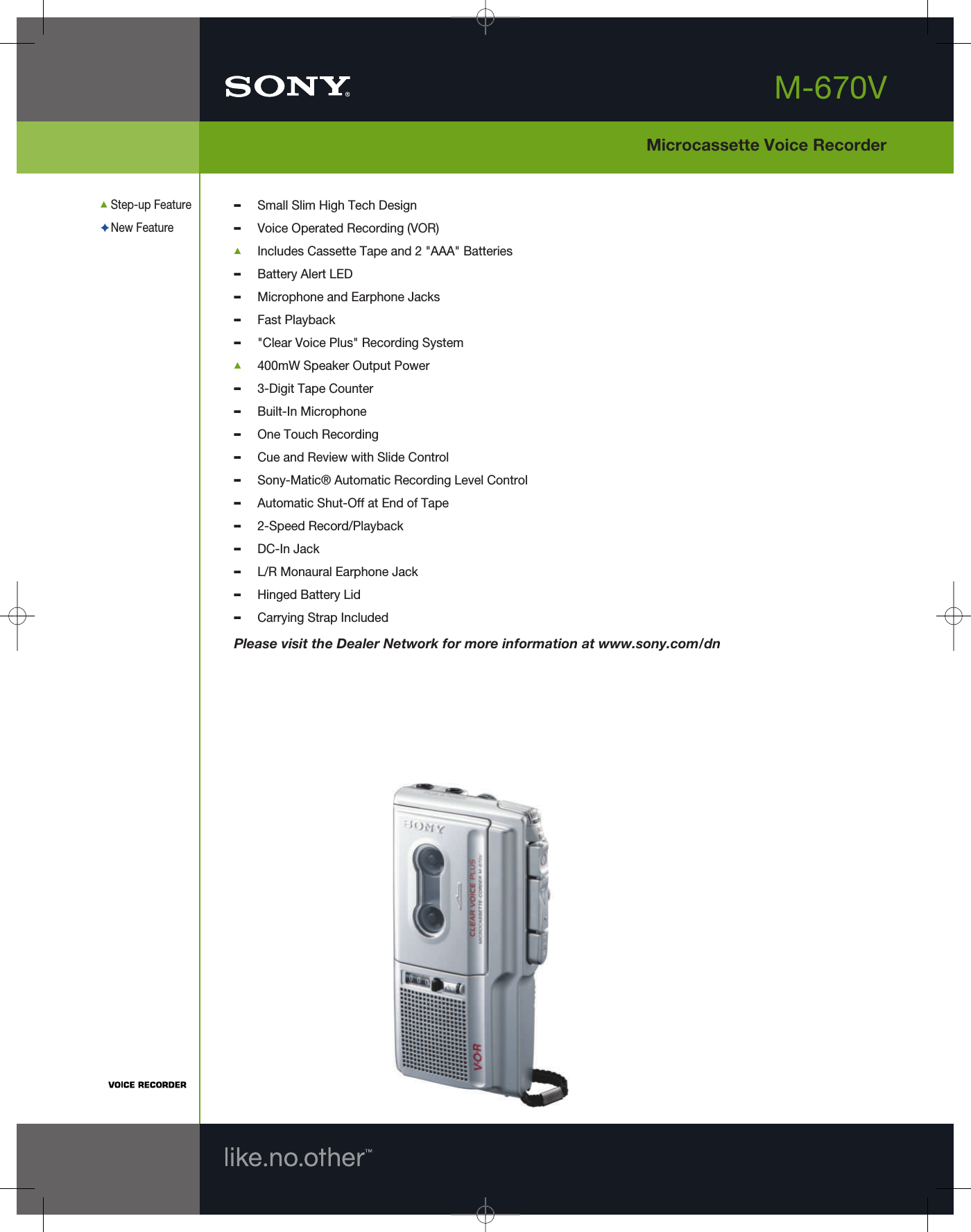 Page 1 of 2 - Sony M-670V User Manual Marketing Specifications Specs