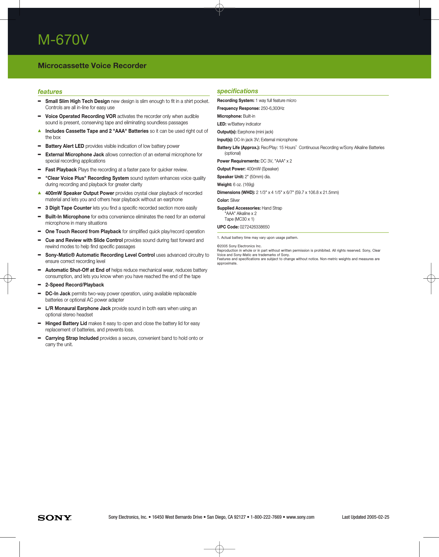 Page 2 of 2 - Sony M-670V User Manual Marketing Specifications Specs