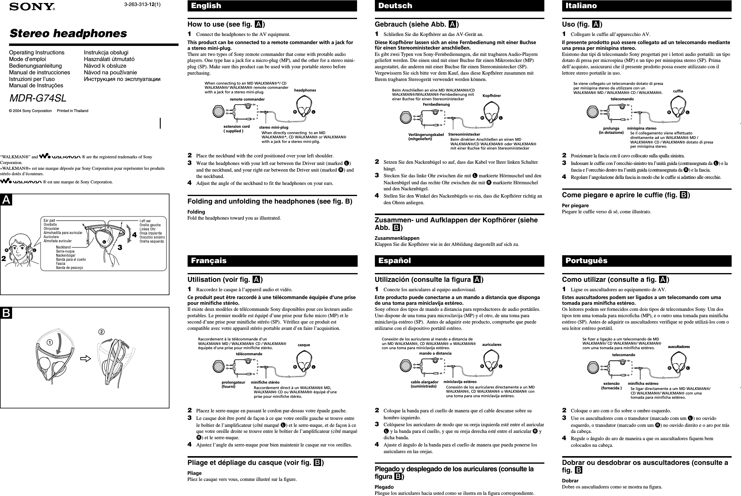 Page 1 of 2 - Sony MDR-G74SL User Manual Instruction MDRG74SL