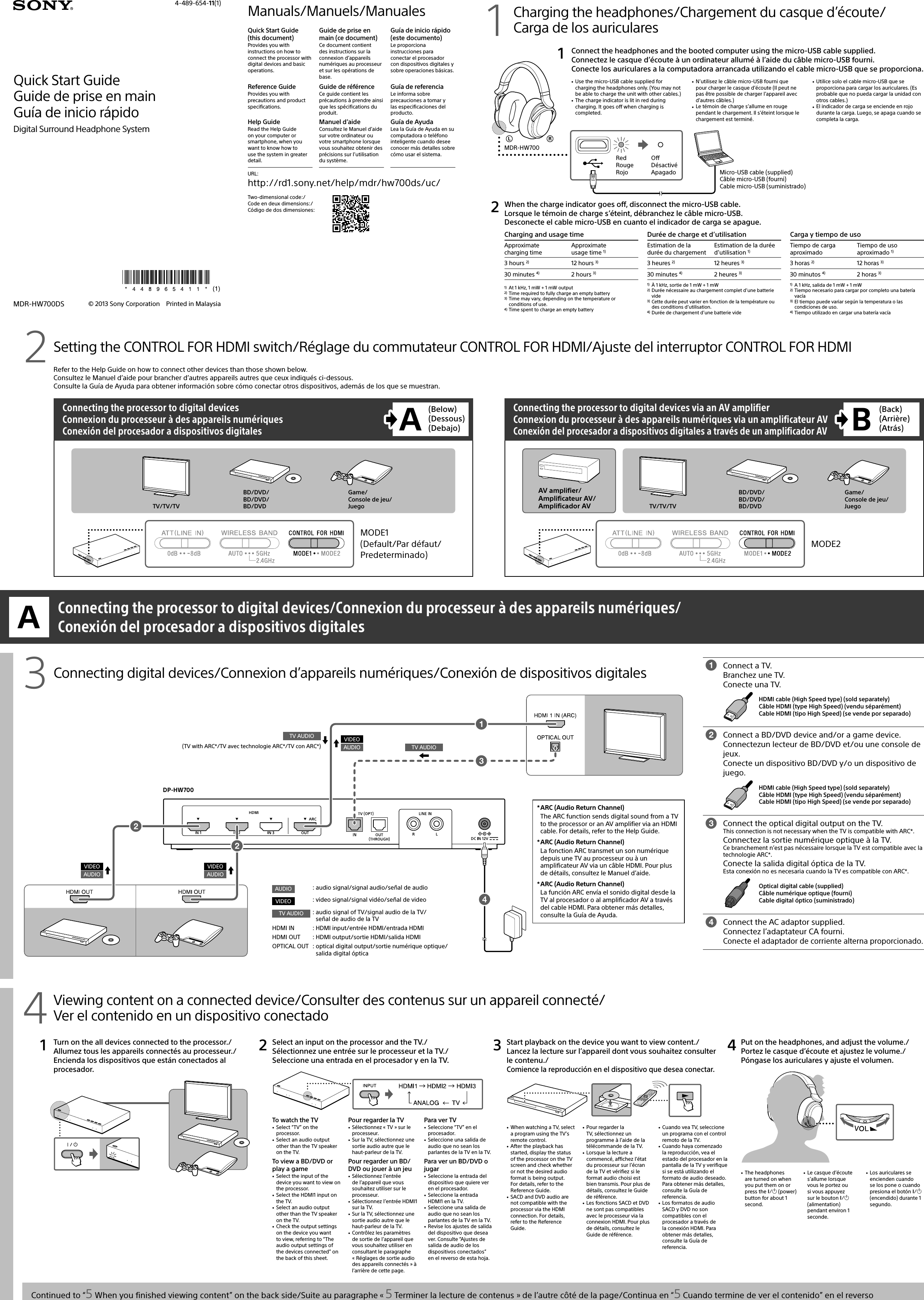 Page 1 of 2 - Sony MDR-HW700DS User Manual Quick Start Guide MDRHW700DS Qsg