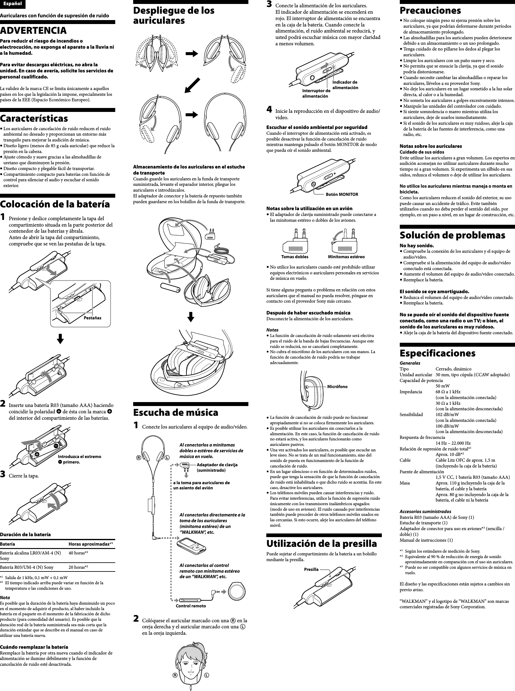 Page 2 of 2 - Sony MDR-NC40 User Manual Operating Instructions MDRNC40 EN ES
