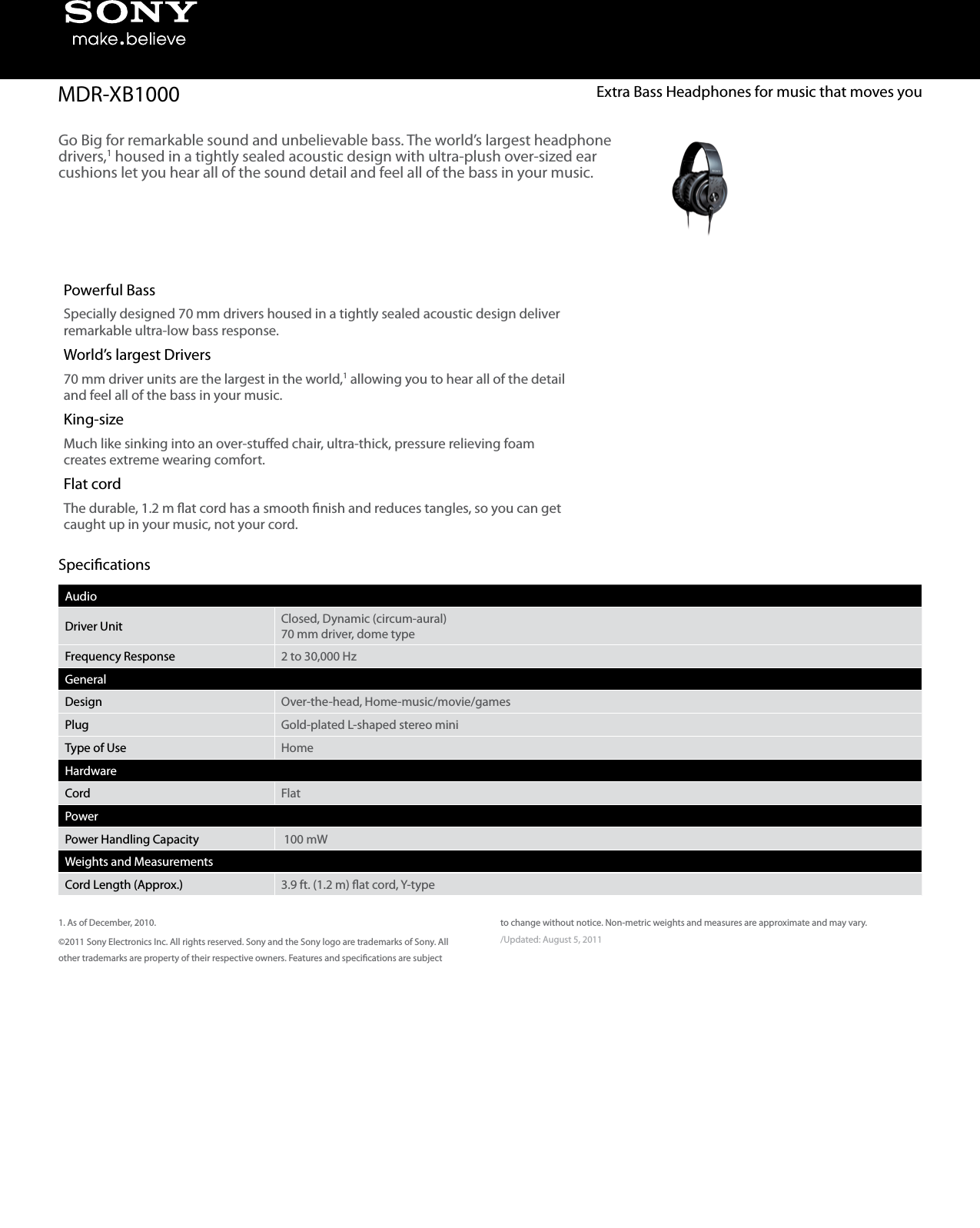 Page 1 of 1 - Sony MDR-XB1000 User Manual Marketing Specifications MDRXB1000 Mksp