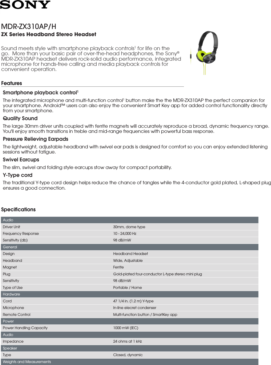 Sony MDR ZX310AP User Manual Marketing Specifications (Green ) MDRZX310APH  Mksp