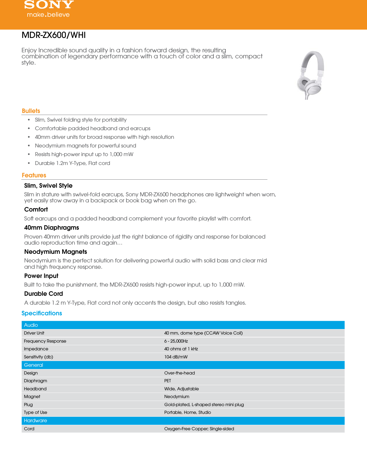 Sony MDR ZX600 User Manual Marketing Specifications (White) MDRZX600WHI Mksp