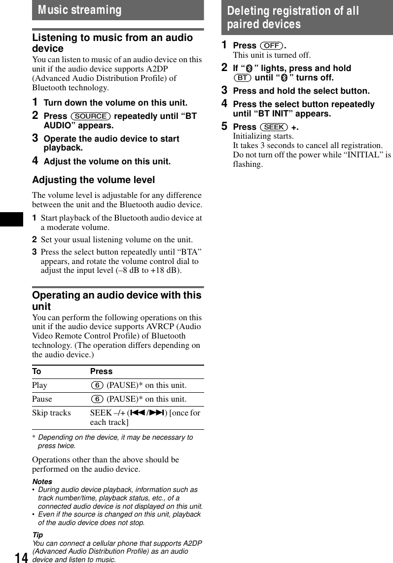 14Music streamingListening to music from an audio deviceYou can listen to music of an audio device on this unit if the audio device supports A2DP (Advanced Audio Distribution Profile) of Bluetooth technology.1Turn down the volume on this unit.2Press (SOURCE) repeatedly until &ldquo;BT AUDIO&rdquo; appears.3Operate the audio device to start playback.4Adjust the volume on this unit.Adjusting the volume levelThe volume level is adjustable for any difference between the unit and the Bluetooth audio device.1Start playback of the Bluetooth audio device at a moderate volume.2Set your usual listening volume on the unit.3Press the select button repeatedly until &ldquo;BTA&rdquo; appears, and rotate the volume control dial to adjust the input level (&ndash;8 dB to +18 dB).Operating an audio device with this unitYou can perform the following operations on this unit if the audio device supports AVRCP (Audio Video Remote Control Profile) of Bluetooth technology. (The operation differs depending on the audio device.)*Depending on the device, it may be necessary to press twice.Operations other than the above should be performed on the audio device.Notes&bull;During audio device playback, information such as track number/time, playback status, etc., of a connected audio device is not displayed on this unit.&bull;Even if the source is changed on this unit, playback of the audio device does not stop.TipYou can connect a cellular phone that supports A2DP (Advanced Audio Distribution Profile) as an audio device and listen to music.Deleting registration of all paired devices1Press (OFF).This unit is turned off.2If &ldquo; &rdquo; lights, press and hold (BT) until &ldquo; &rdquo; turns off.3Press and hold the select button.4Press the select button repeatedly until &ldquo;BT INIT&rdquo; appears.5Press (SEEK) +.Initializing starts.It takes 3 seconds to cancel all registration. Do not turn off the power while &ldquo;INITIAL&rdquo; is flashing.To PressPlay (6) (PAUSE)* on this unit.Pause (6) (PAUSE)* on this unit.Skip tracks SEEK &ndash;/+ (./>) [once for each track]