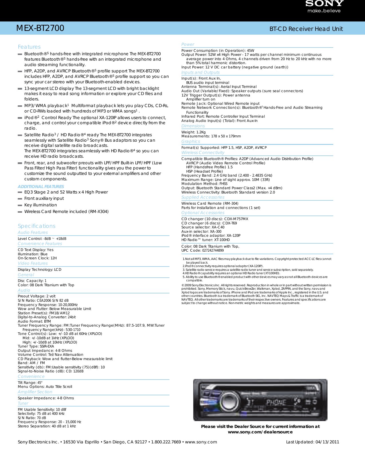 Page 2 of 2 - Sony MEX-BT2700 User Manual Marketing Specifications MEXBT2700 Mksp