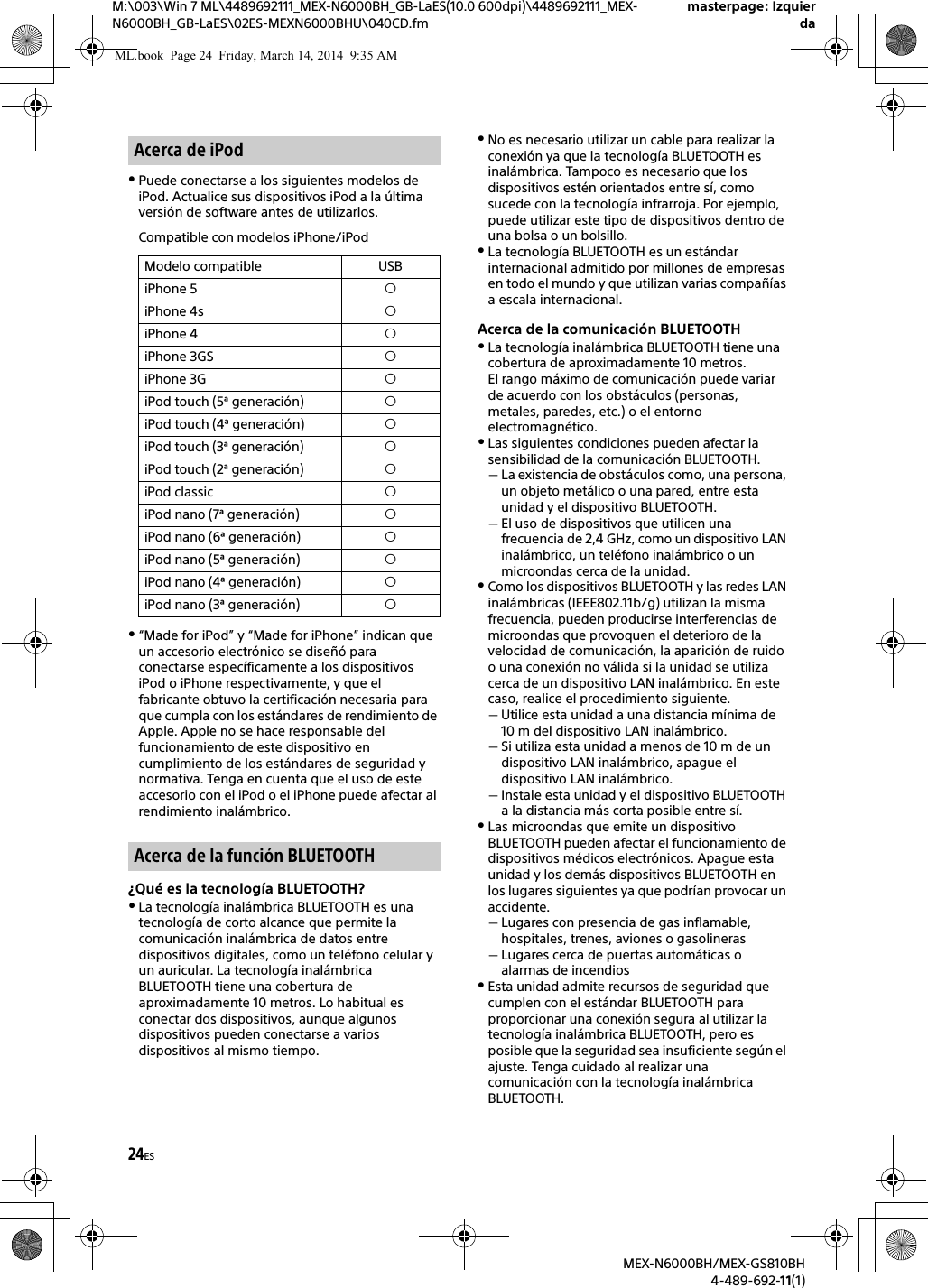 24ESM:\003\Win 7 ML\4489692111_MEX-N6000BH_GB-LaES(10.0 600dpi)\4489692111_MEX-N6000BH_GB-LaES\02ES-MEXN6000BHU\040CD.fmmasterpage: IzquierdaMEX-N6000BH/MEX-GS810BH4-489-692-11(1)Puede conectarse a los siguientes modelos de iPod. Actualice sus dispositivos iPod a la &uacute;ltima versi&oacute;n de software antes de utilizarlos.Compatible con modelos iPhone/iPod&ldquo;Made for iPod&rdquo; y &ldquo;Made for iPhone&rdquo; indican que un accesorio electr&oacute;nico se dise&ntilde;&oacute; para conectarse espec&iacute;ficamente a los dispositivos iPod o iPhone respectivamente, y que el fabricante obtuvo la certificaci&oacute;n necesaria para que cumpla con los est&aacute;ndares de rendimiento de Apple. Apple no se hace responsable del funcionamiento de este dispositivo en cumplimiento de los est&aacute;ndares de seguridad y normativa. Tenga en cuenta que el uso de este accesorio con el iPod o el iPhone puede afectar al rendimiento inal&aacute;mbrico.&iquest;Qu&eacute; es la tecnolog&iacute;a BLUETOOTH?La tecnolog&iacute;a inal&aacute;mbrica BLUETOOTH es una tecnolog&iacute;a de corto alcance que permite la comunicaci&oacute;n inal&aacute;mbrica de datos entre dispositivos digitales, como un tel&eacute;fono celular y un auricular. La tecnolog&iacute;a inal&aacute;mbrica BLUETOOTH tiene una cobertura de aproximadamente 10 metros. Lo habitual es conectar dos dispositivos, aunque algunos dispositivos pueden conectarse a varios dispositivos al mismo tiempo.No es necesario utilizar un cable para realizar la conexi&oacute;n ya que la tecnolog&iacute;a BLUETOOTH es inal&aacute;mbrica. Tampoco es necesario que los dispositivos est&eacute;n orientados entre s&iacute;, como sucede con la tecnolog&iacute;a infrarroja. Por ejemplo, puede utilizar este tipo de dispositivos dentro de una bolsa o un bolsillo.La tecnolog&iacute;a BLUETOOTH es un est&aacute;ndar internacional admitido por millones de empresas en todo el mundo y que utilizan varias compa&ntilde;&iacute;as a escala internacional.Acerca de la comunicaci&oacute;n BLUETOOTHLa tecnolog&iacute;a inal&aacute;mbrica BLUETOOTH tiene una cobertura de aproximadamente 10 metros.El rango m&aacute;ximo de comunicaci&oacute;n puede variar de acuerdo con los obst&aacute;culos (personas, metales, paredes, etc.) o el entorno electromagn&eacute;tico.Las siguientes condiciones pueden afectar la sensibilidad de la comunicaci&oacute;n BLUETOOTH.La existencia de obst&aacute;culos como, una persona, un objeto met&aacute;lico o una pared, entre esta unidad y el dispositivo BLUETOOTH.El uso de dispositivos que utilicen una frecuencia de 2,4 GHz, como un dispositivo LAN inal&aacute;mbrico, un tel&eacute;fono inal&aacute;mbrico o un microondas cerca de la unidad.Como los dispositivos BLUETOOTH y las redes LAN inal&aacute;mbricas (IEEE802.11b/g) utilizan la misma frecuencia, pueden producirse interferencias de microondas que provoquen el deterioro de la velocidad de comunicaci&oacute;n, la aparici&oacute;n de ruido o una conexi&oacute;n no v&aacute;lida si la unidad se utiliza cerca de un dispositivo LAN inal&aacute;mbrico. En este caso, realice el procedimiento siguiente.Utilice esta unidad a una distancia m&iacute;nima de 10 m del dispositivo LAN inal&aacute;mbrico.Si utiliza esta unidad a menos de 10 m de un dispositivo LAN inal&aacute;mbrico, apague el dispositivo LAN inal&aacute;mbrico.Instale esta unidad y el dispositivo BLUETOOTH a la distancia m&aacute;s corta posible entre s&iacute;.Las microondas que emite un dispositivo BLUETOOTH pueden afectar el funcionamiento de dispositivos m&eacute;dicos electr&oacute;nicos. Apague esta unidad y los dem&aacute;s dispositivos BLUETOOTH en los lugares siguientes ya que podr&iacute;an provocar un accidente.Lugares con presencia de gas inflamable, hospitales, trenes, aviones o gasolinerasLugares cerca de puertas autom&aacute;ticas o alarmas de incendiosEsta unidad admite recursos de seguridad que cumplen con el est&aacute;ndar BLUETOOTH para proporcionar una conexi&oacute;n segura al utilizar la tecnolog&iacute;a inal&aacute;mbrica BLUETOOTH, pero es posible que la seguridad sea insuficiente seg&uacute;n el ajuste. Tenga cuidado al realizar una comunicaci&oacute;n con la tecnolog&iacute;a inal&aacute;mbrica BLUETOOTH.Acerca de iPodModelo compatible USBiPhone 5 iPhone 4s iPhone 4 iPhone 3GS iPhone 3G iPod touch (5&ordf; generaci&oacute;n) iPod touch (4&ordf; generaci&oacute;n) iPod touch (3&ordf; generaci&oacute;n) iPod touch (2&ordf; generaci&oacute;n) iPod classic iPod nano (7&ordf; generaci&oacute;n) iPod nano (6&ordf; generaci&oacute;n) iPod nano (5&ordf; generaci&oacute;n) iPod nano (4&ordf; generaci&oacute;n) iPod nano (3&ordf; generaci&oacute;n) Acerca de la funci&oacute;n BLUETOOTHML.book  Page 24  Friday, March 14, 2014  9:35 AM