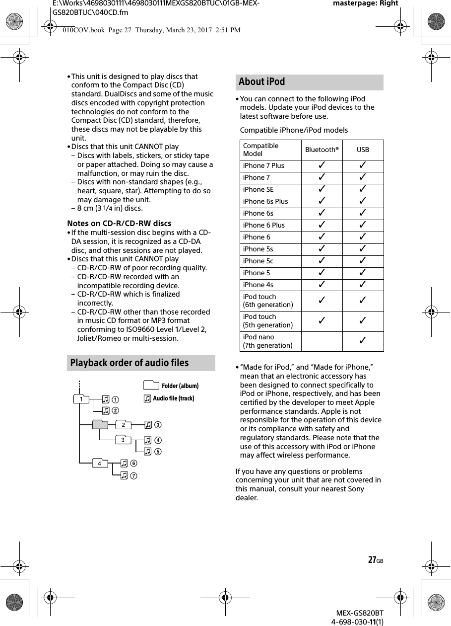 E:\Works\4698030111\4698030111MEXGS820BTUC\01GB-MEX-GS820BTUC\040CD.fmmasterpage: RightMEX-GS820BT4-698-030-11(1)27GB•This unit is designed to play discs that conform to the Compact Disc (CD) standard. DualDiscs and some of the music discs encoded with copyright protection technologies do not conform to the Compact Disc (CD) standard, therefore, these discs may not be playable by this unit.•Discs that this unit CANNOT play– Discs with labels, stickers, or sticky tape or paper attached. Doing so may cause a malfunction, or may ruin the disc.– Discs with non-standard shapes (e.g., heart, square, star). Attempting to do so may damage the unit.–8 cm (3 1/4 in) discs.Notes on CD-R/CD-RW discs• If the multi-session disc begins with a CD-DA session, it is recognized as a CD-DA disc, and other sessions are not played.•Discs that this unit CANNOT play– CD-R/CD-RW of poor recording quality.– CD-R/CD-RW recorded with an incompatible recording device.– CD-R/CD-RW which is finalized incorrectly.– CD-R/CD-RW other than those recorded in music CD format or MP3 format conforming to ISO9660 Level 1/Level 2, Joliet/Romeo or multi-session.• You can connect to the following iPod models. Update your iPod devices to the latest software before use.Compatible iPhone/iPod models• “Made for iPod,” and “Made for iPhone,” mean that an electronic accessory has been designed to connect specifically to iPod or iPhone, respectively, and has been certified by the developer to meet Apple performance standards. Apple is not responsible for the operation of this device or its compliance with safety and regulatory standards. Please note that the use of this accessory with iPod or iPhone may affect wireless performance.If you have any questions or problems concerning your unit that are not covered in this manual, consult your nearest Sony dealer.Playback order of audio filesFolder (album)Audio file (track)About iPodCompatible Model Bluetooth® USBiPhone 7 Plus iPhone 7 iPhone SE iPhone 6s Plus iPhone 6s iPhone 6 Plus iPhone 6 iPhone 5s iPhone 5c iPhone 5 iPhone 4s iPod touch (6th generation) iPod touch (5th generation) iPod nano (7th generation) 010COV.book  Page 27  Thursday, March 23, 2017  2:51 PM