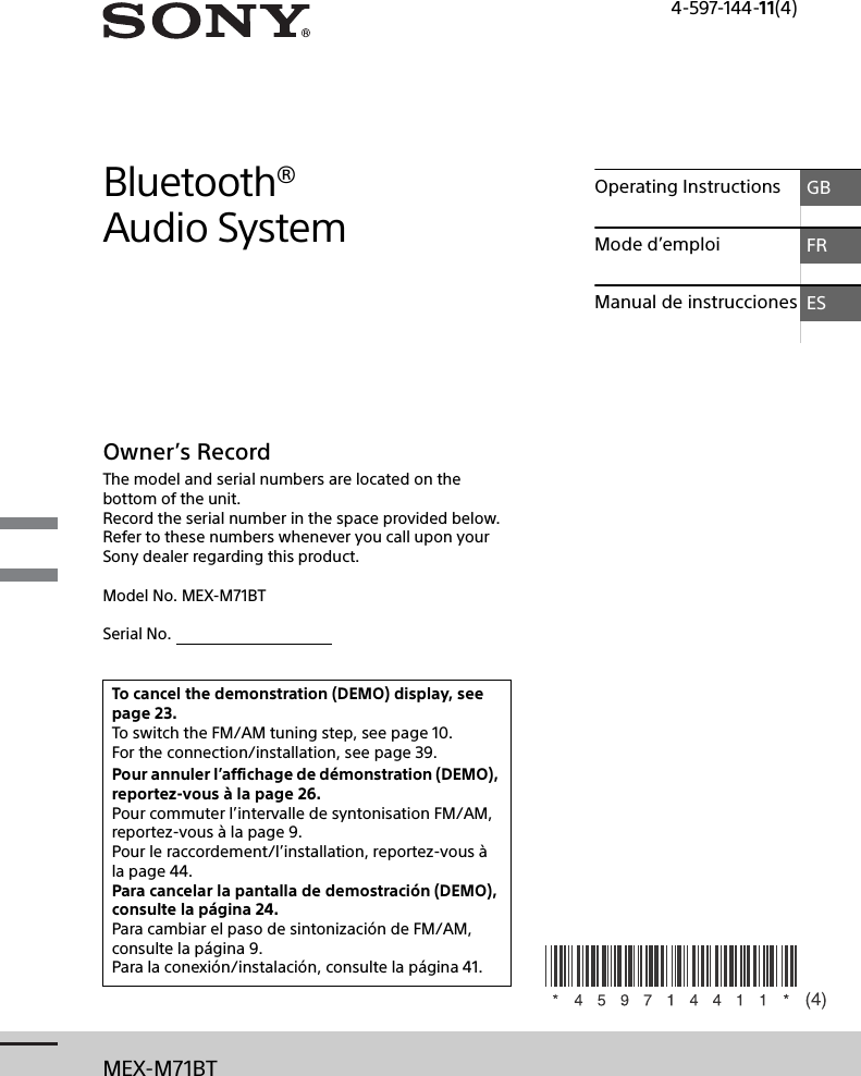 Sony MEX M71BT User Manual Operating Instructions 4597144114
