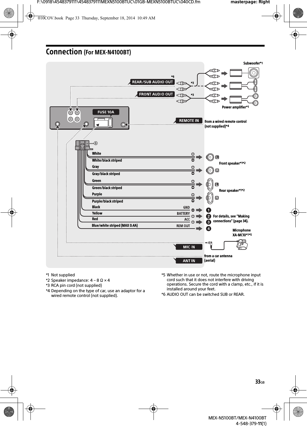 33GBF:\0918\4548379111\4548379111MEXN5100BTUC\01GB-MEXN5100BTUC\040CD.fm masterpage: RightMEX-N5100BT/MEX-N4100BT4-548-379-11(1)Connection (For MEX-N4100BT)*1 Not supplied*2 Speaker impedance: 4 – 8 Ω × 4*3 RCA pin cord (not supplied)*4 Depending on the type of car, use an adaptor for a wired remote control (not supplied).*5 Whether in use or not, route the microphone input cord such that it does not interfere with driving operations. Secure the cord with a clamp, etc., if it is installed around your feet. *6 AUDIO OUT can be switched SUB or REAR.from a wired remote control (not supplied)*4WhiteWhite/black stripedGrayBlackYellowRedBlue/white striped (MAX 0.4A)from a car antenna (aerial)Front speaker*1*2Rear speaker*1*2Gray/black stripedGreenGreen/black stripedPurplePurple/black striped*3*3Subwoofer*1Power amplifier*1For details, see “Making connections” (page 34).Microphone XA-MC10*1*5*6010COV.book  Page 33  Thursday, September 18, 2014  10:49 AM