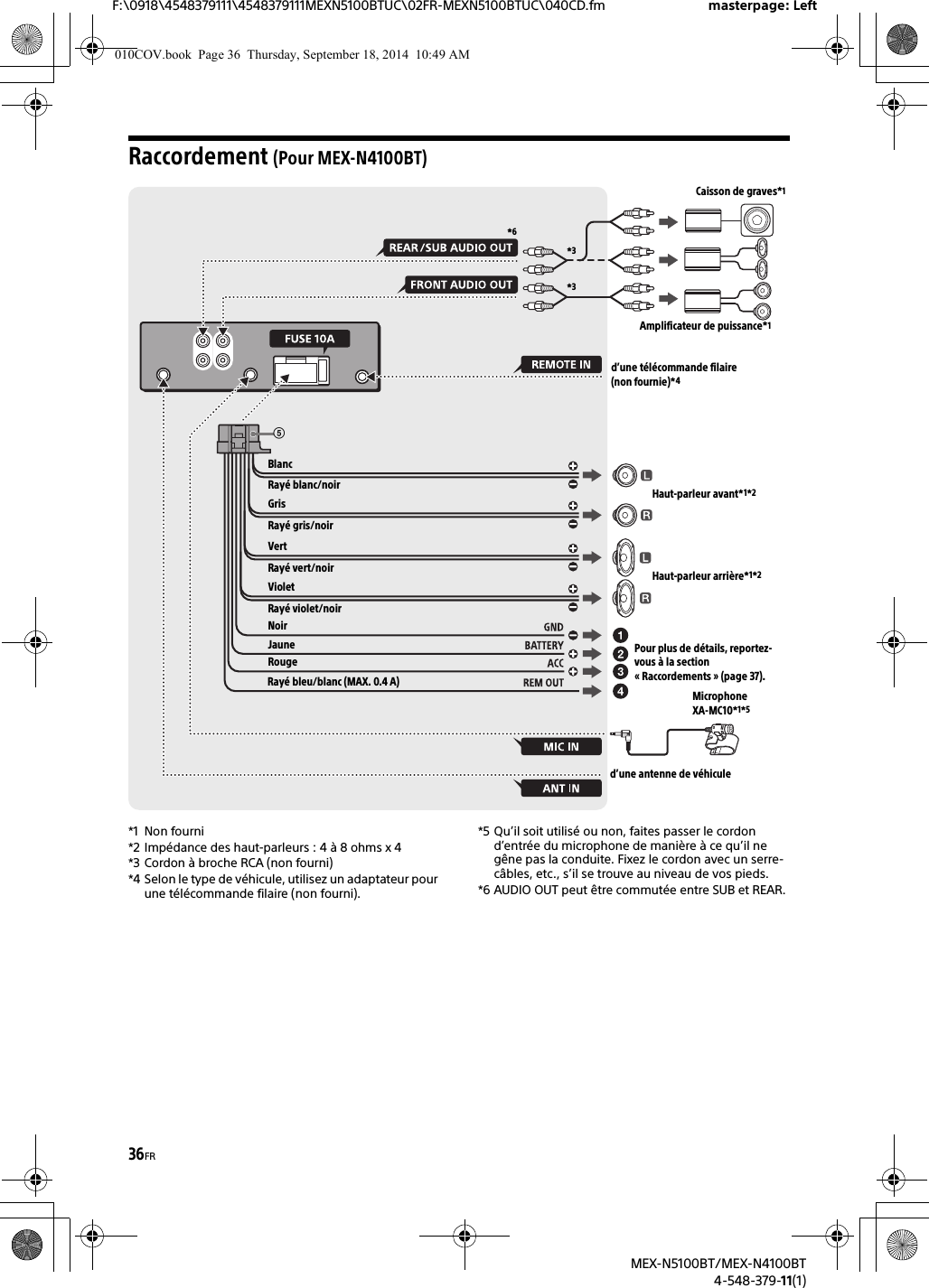 36FRF:\0918\4548379111\4548379111MEXN5100BTUC\02FR-MEXN5100BTUC\040CD.fm masterpage: LeftMEX-N5100BT/MEX-N4100BT4-548-379-11(1)Raccordement (Pour MEX-N4100BT)*1 Non fourni*2 Impédance des haut-parleurs : 4 à 8 ohms x 4*3 Cordon à broche RCA (non fourni)*4 Selon le type de véhicule, utilisez un adaptateur pour une télécommande filaire (non fourni).*5 Qu’il soit utilisé ou non, faites passer le cordon d’entrée du microphone de manière à ce qu’il ne gêne pas la conduite. Fixez le cordon avec un serre-câbles, etc., s’il se trouve au niveau de vos pieds. *6 AUDIO OUT peut être commutée entre SUB et REAR.d’une télécommande filaire (non fournie)*4BlancRayé blanc/noirGrisNoirJauneRougeRayé bleu/blanc (MAX. 0.4 A)d’une antenne de véhiculeHaut-parleur avant*1*2Haut-parleur arrière*1*2Rayé gris/noirVertRayé vert/noirVioletRayé violet/noir*3*3Caisson de graves*1Amplificateur de puissance*1Pour plus de détails, reportez-vous à la section « Raccordements » (page 37).Microphone XA-MC10*1*5*6010COV.book  Page 36  Thursday, September 18, 2014  10:49 AM
