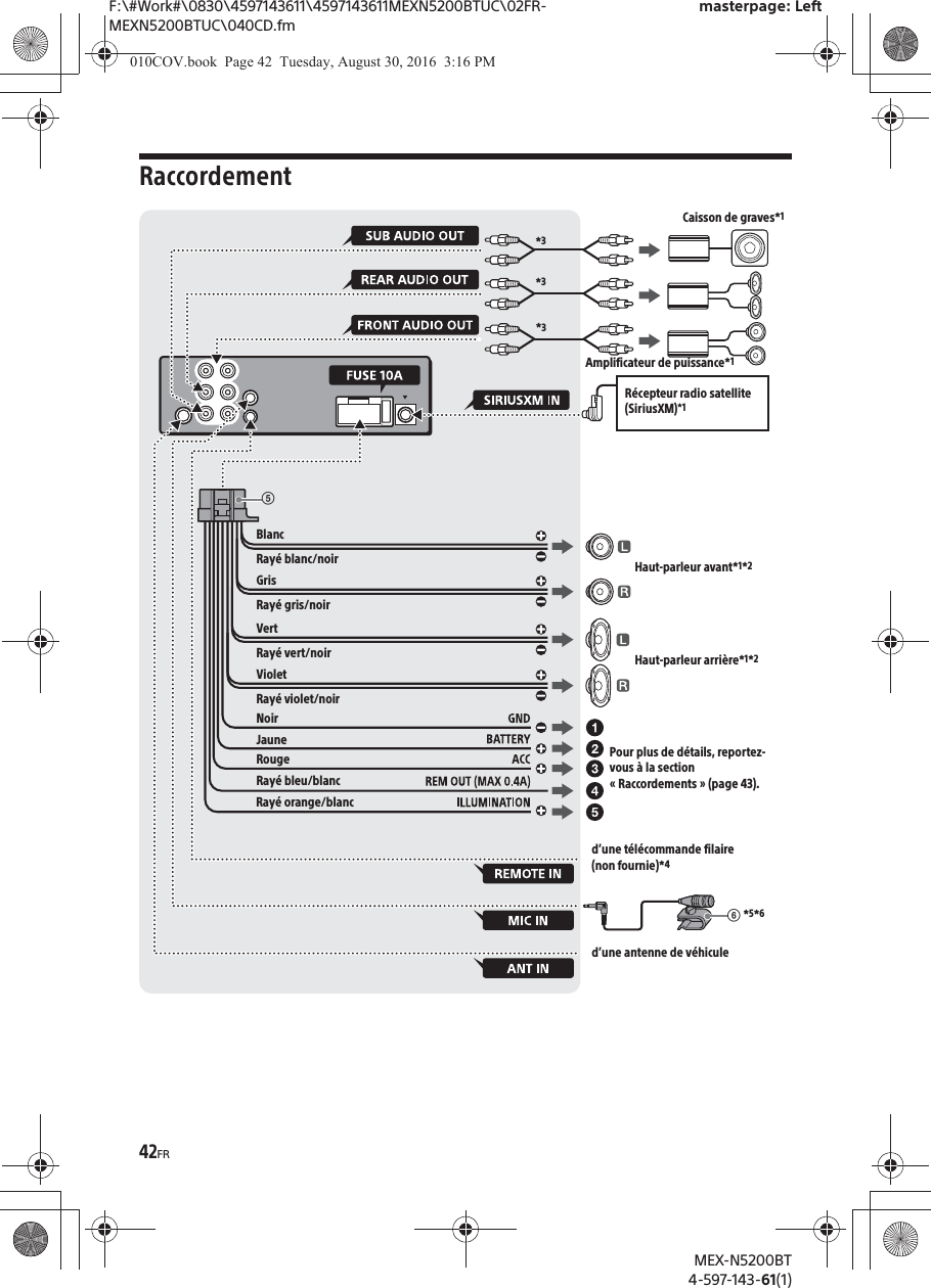 F:\#Work#\0830\4597143611\4597143611MEXN5200BTUC\02FR-MEXN5200BTUC\040CD.fmmasterpage: LeftMEX-N5200BT4-597-143-61(1)42FRRaccordementͪd’une télécommande filaire (non fournie)*4d’une antenne de véhicule*3*3Caisson de graves*1Amplificateur de puissance*1Pour plus de détails, reportez-vous à la section « Raccordements » (page 43).BlancRayé blanc/noirGrisNoirJauneRougeRayé bleu/blancRayé gris/noirVertRayé vert/noirVioletRayé violet/noirHaut-parleur avant*1*2Haut-parleur arrière*1*2*3Récepteur radio satellite (SiriusXM)*1ͫ *5*6Rayé orange/blanc010COV.book  Page 42  Tuesday, August 30, 2016  3:16 PM