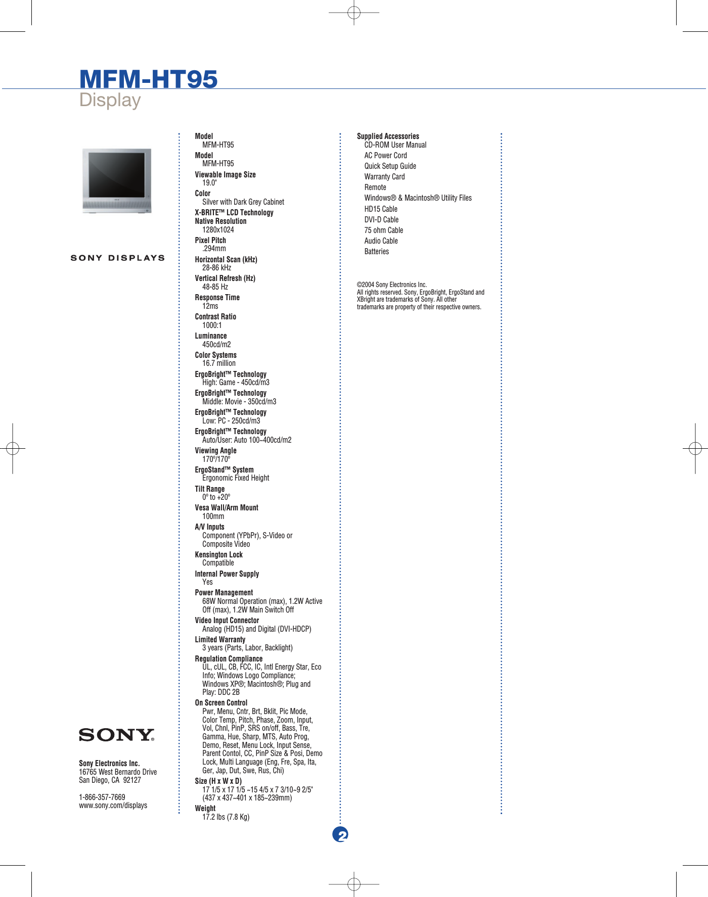 Page 2 of 2 - Sony MFM-HT95 User Manual Marketing Specifications MFMHT95 Mksp