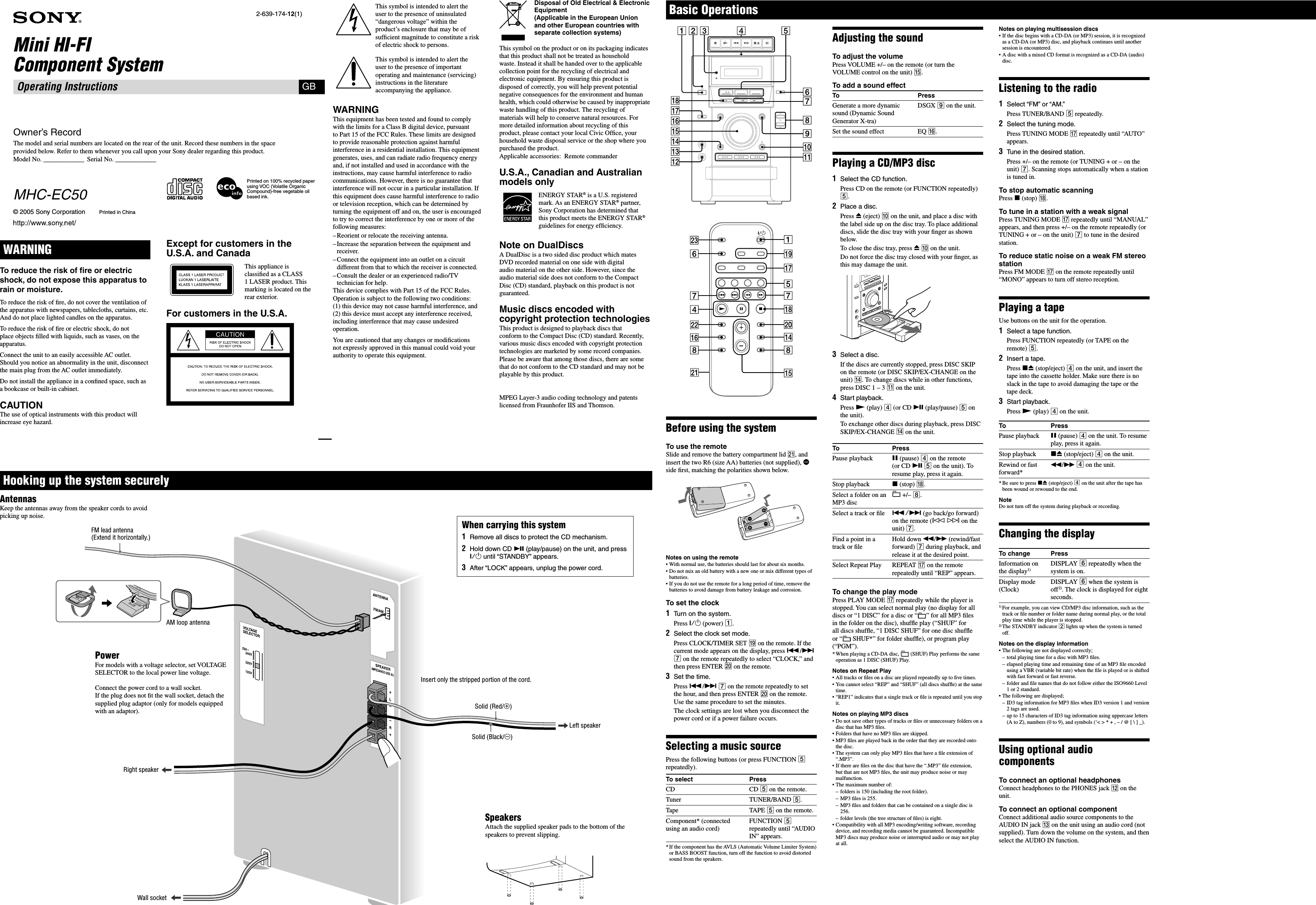 Page 1 of 2 - Sony MHC-EC50 User Manual Operating Instructions MHCEC50