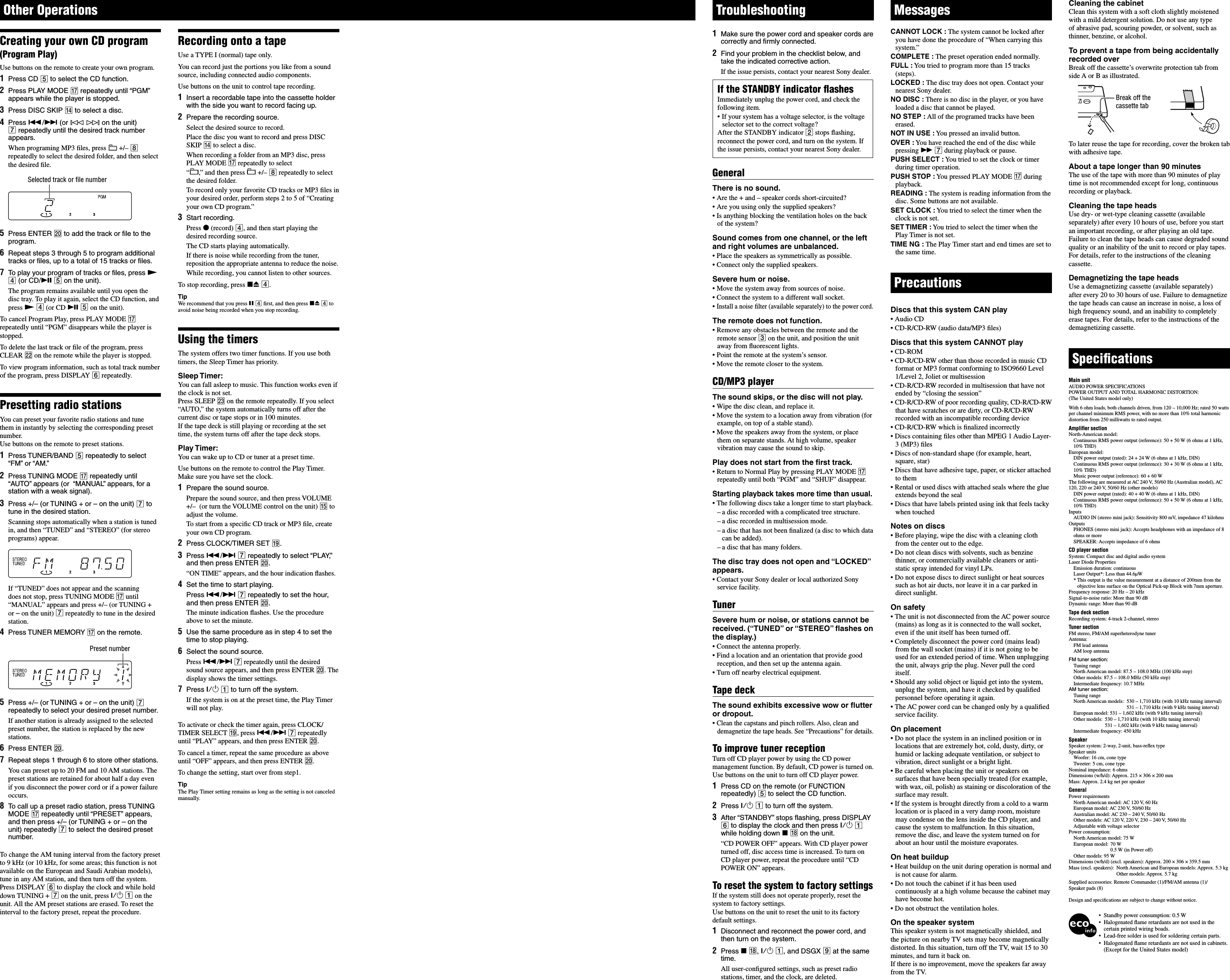 Page 2 of 2 - Sony MHC-EC50 User Manual Operating Instructions MHCEC50