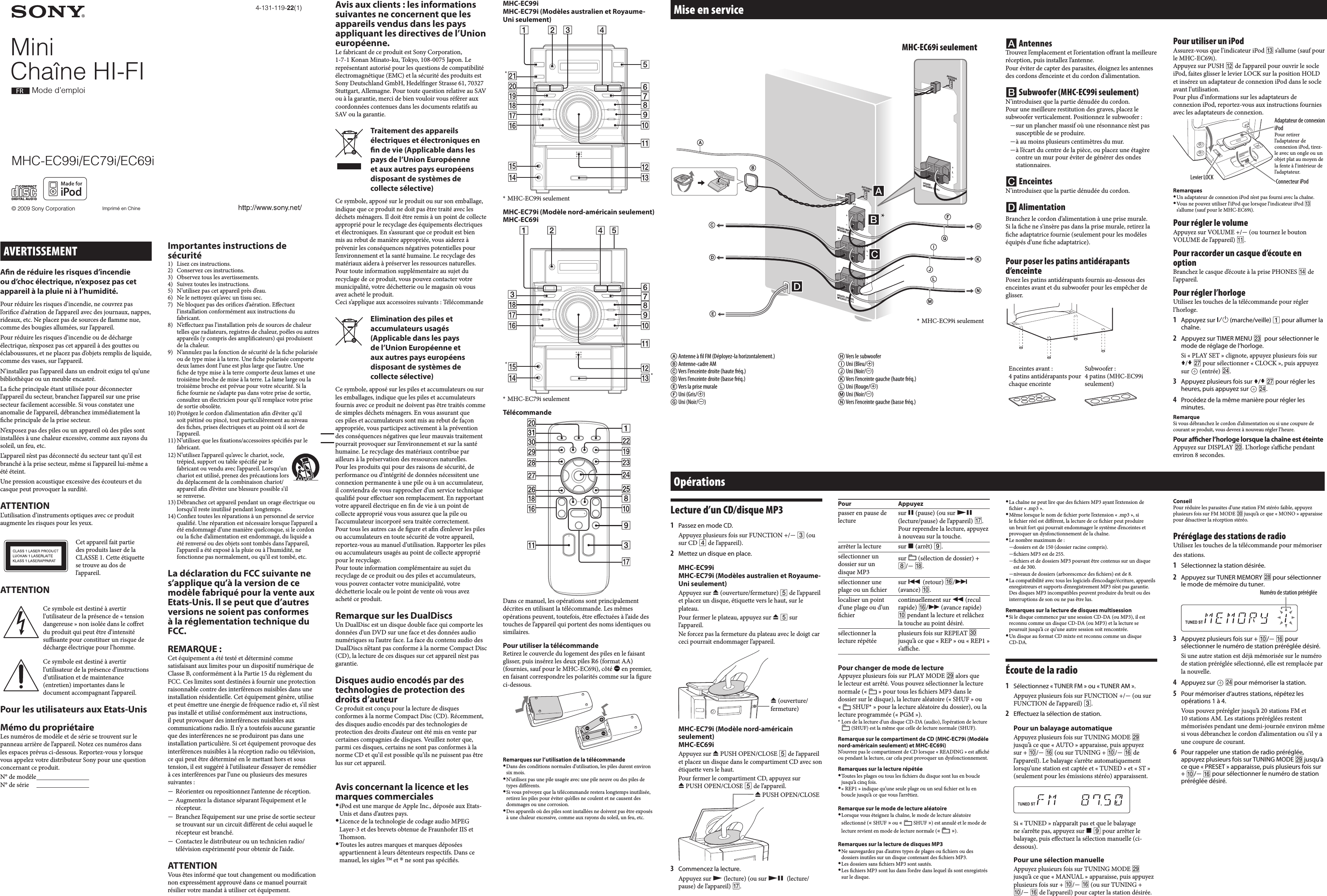 Page 1 of 2 - Sony MHC-EC69i MHC-EC99i/EC79i/EC69i User Manual Mode Demploi MHCEC99I FR