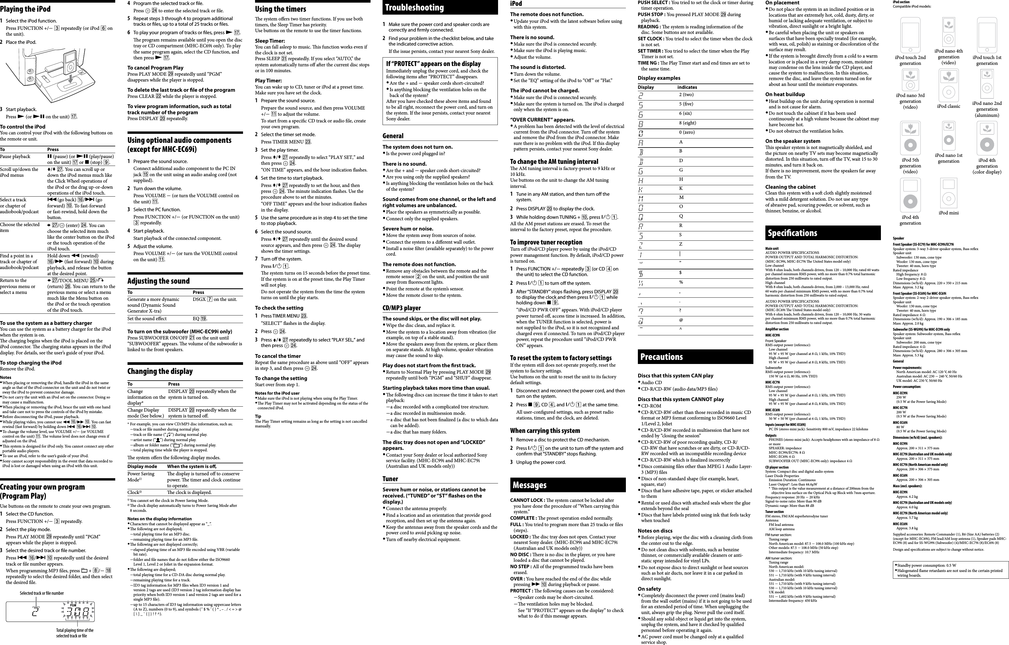 Page 2 of 2 - Sony MHC-EC69i MHC-EC99i/EC79i/EC69i User Manual Operating Instructions MHCEC99I EN