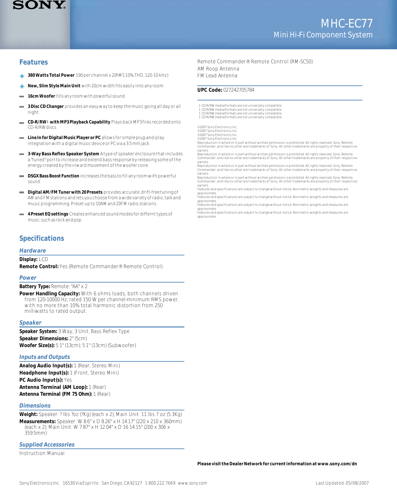 Page 2 of 2 - Sony MHC-EC77 User Manual Marketing Specifications MHCEC77 Mksp