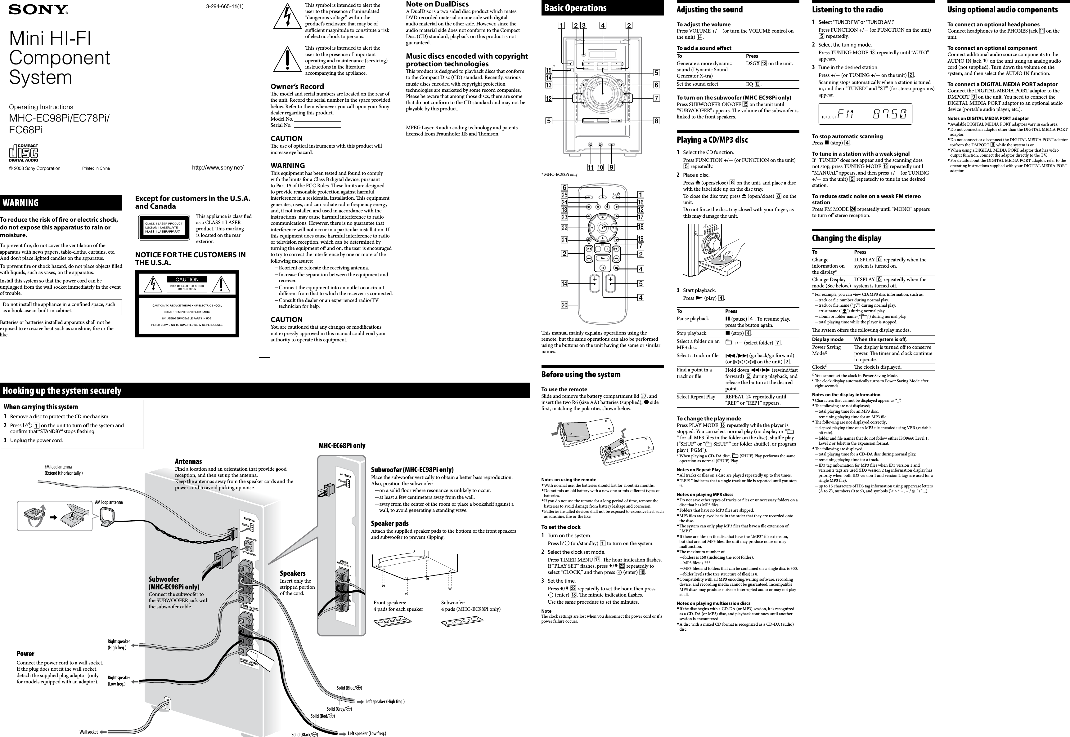 Page 1 of 2 - Sony MHC-EC78Pi MHC-EC98Pi/EC78Pi/EC68Pi User Manual Operating Instructions MHCEC68Pi 78 98 EN