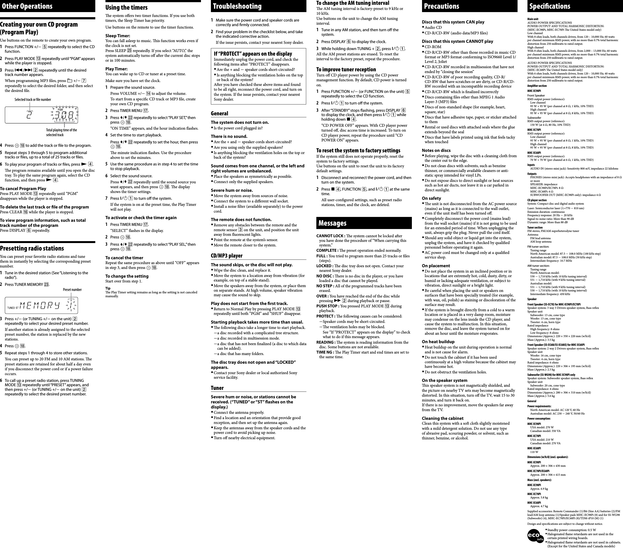 Page 2 of 2 - Sony MHC-EC78Pi MHC-EC98Pi/EC78Pi/EC68Pi User Manual Operating Instructions MHCEC68Pi 78 98 EN