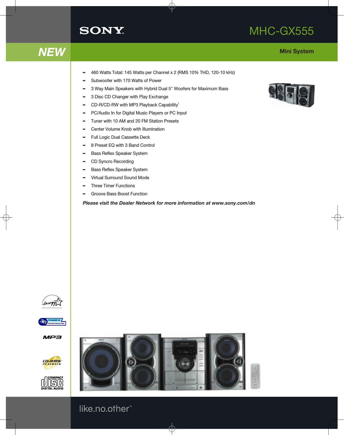 Page 1 of 2 - Sony MHC-GX555 User Manual Marketing Specifications MHCGX555 Mksp