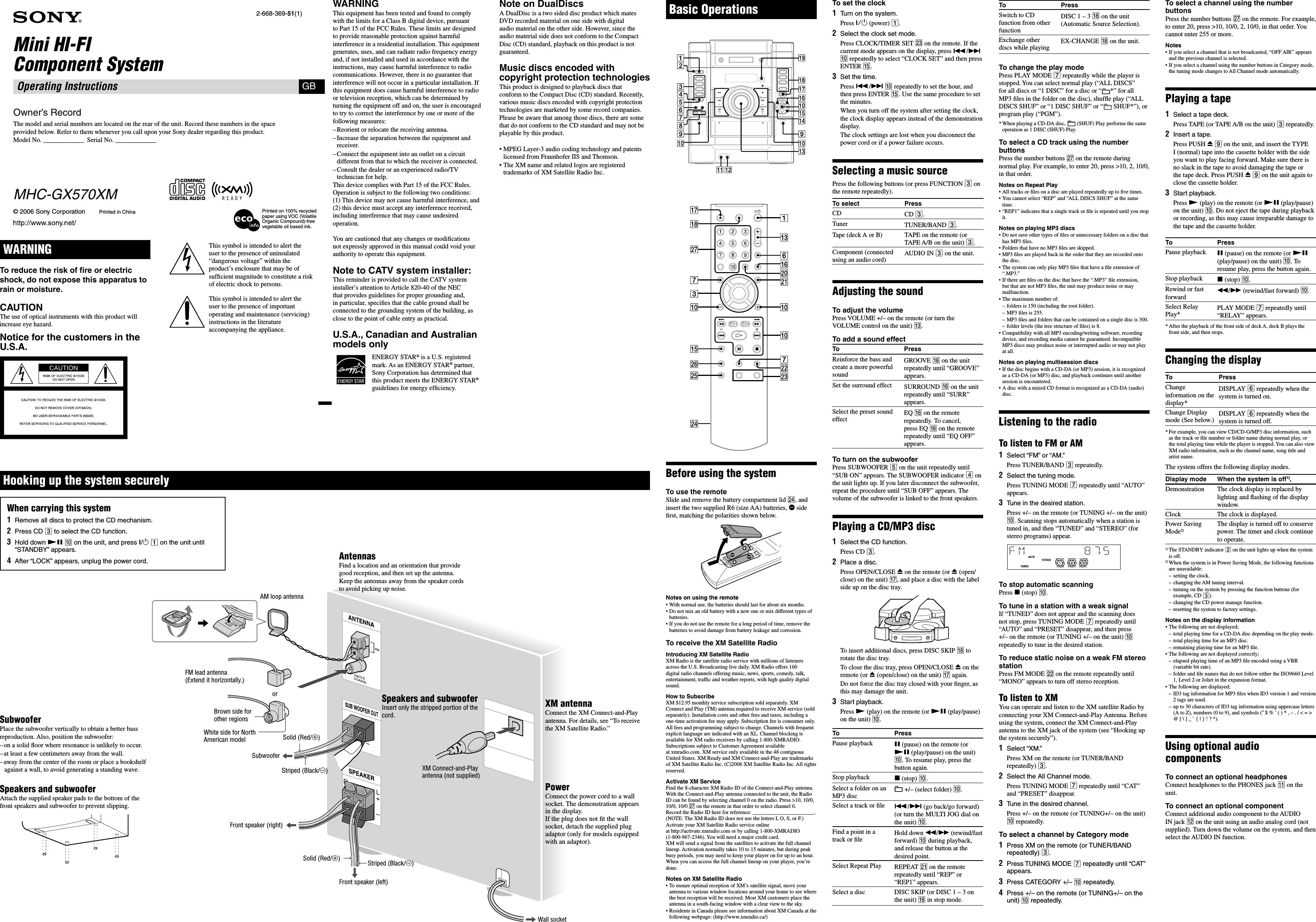 Page 1 of 2 - Sony MHC-GX570XM User Manual Operating Instructions MHCGX570XM