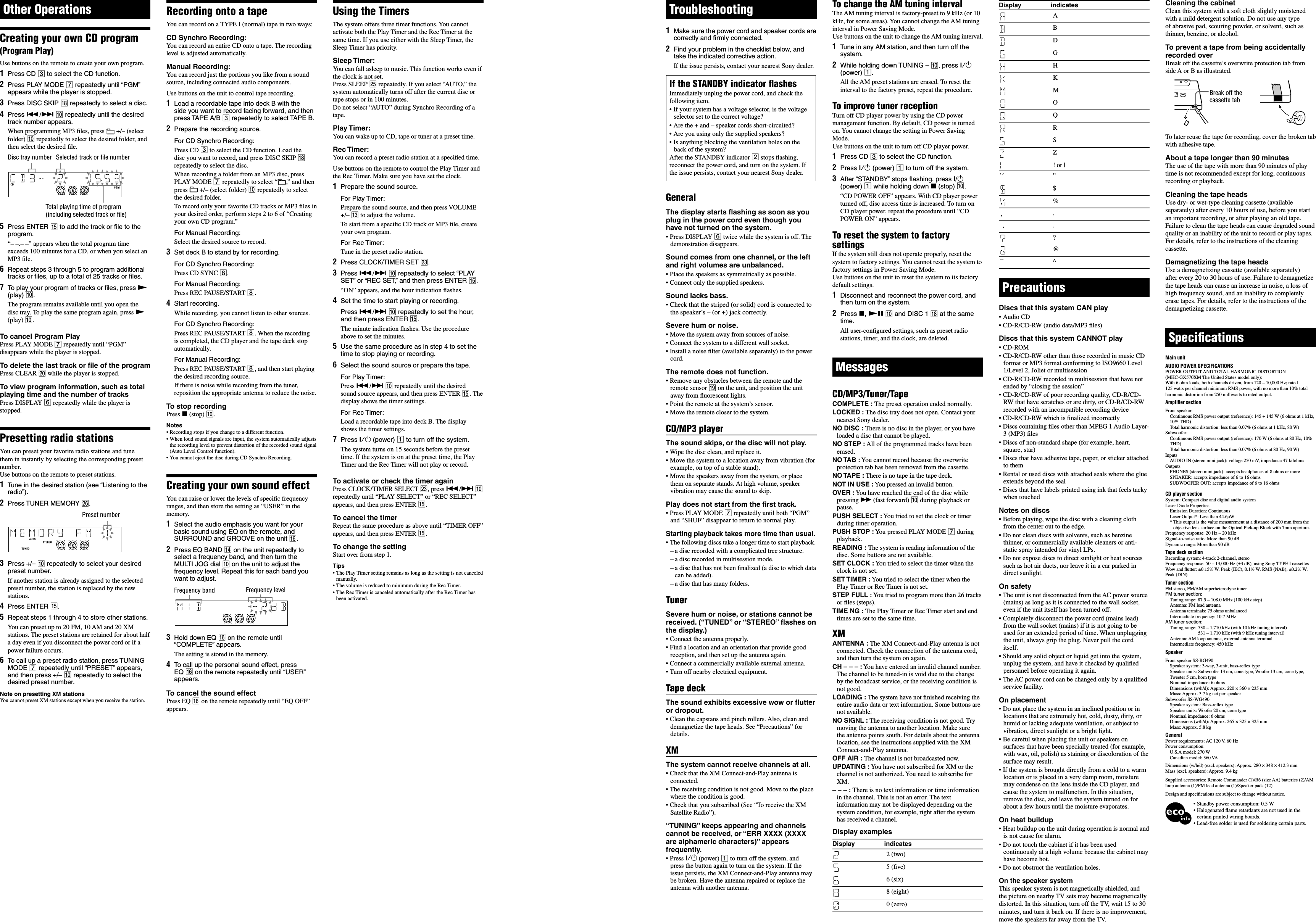 Page 2 of 2 - Sony MHC-GX570XM User Manual Operating Instructions MHCGX570XM