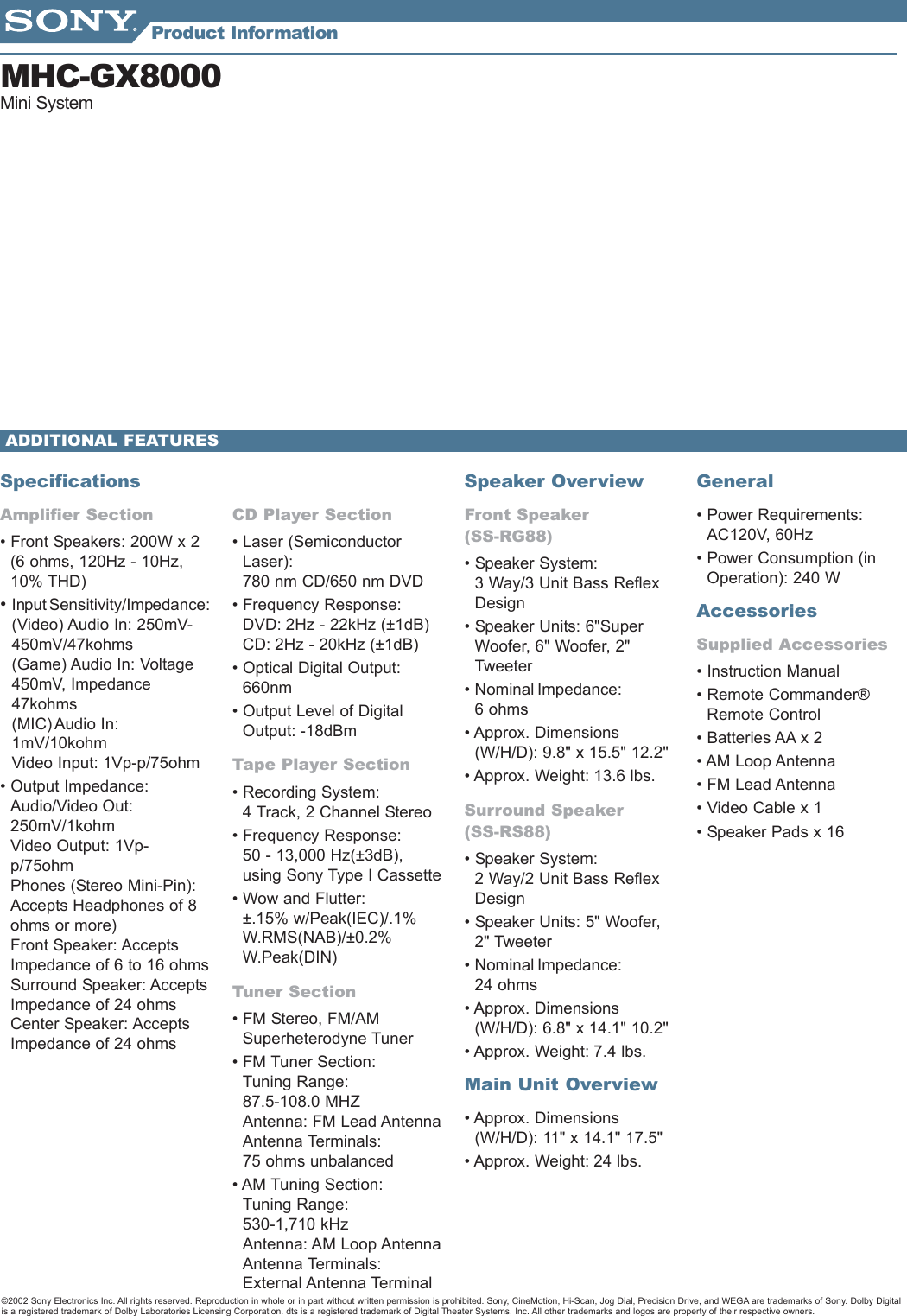 Page 2 of 2 - Sony MHC-GX8000 Mini_Info_Sheets_2 User Manual Marketing Specifications MHCGX8000spec