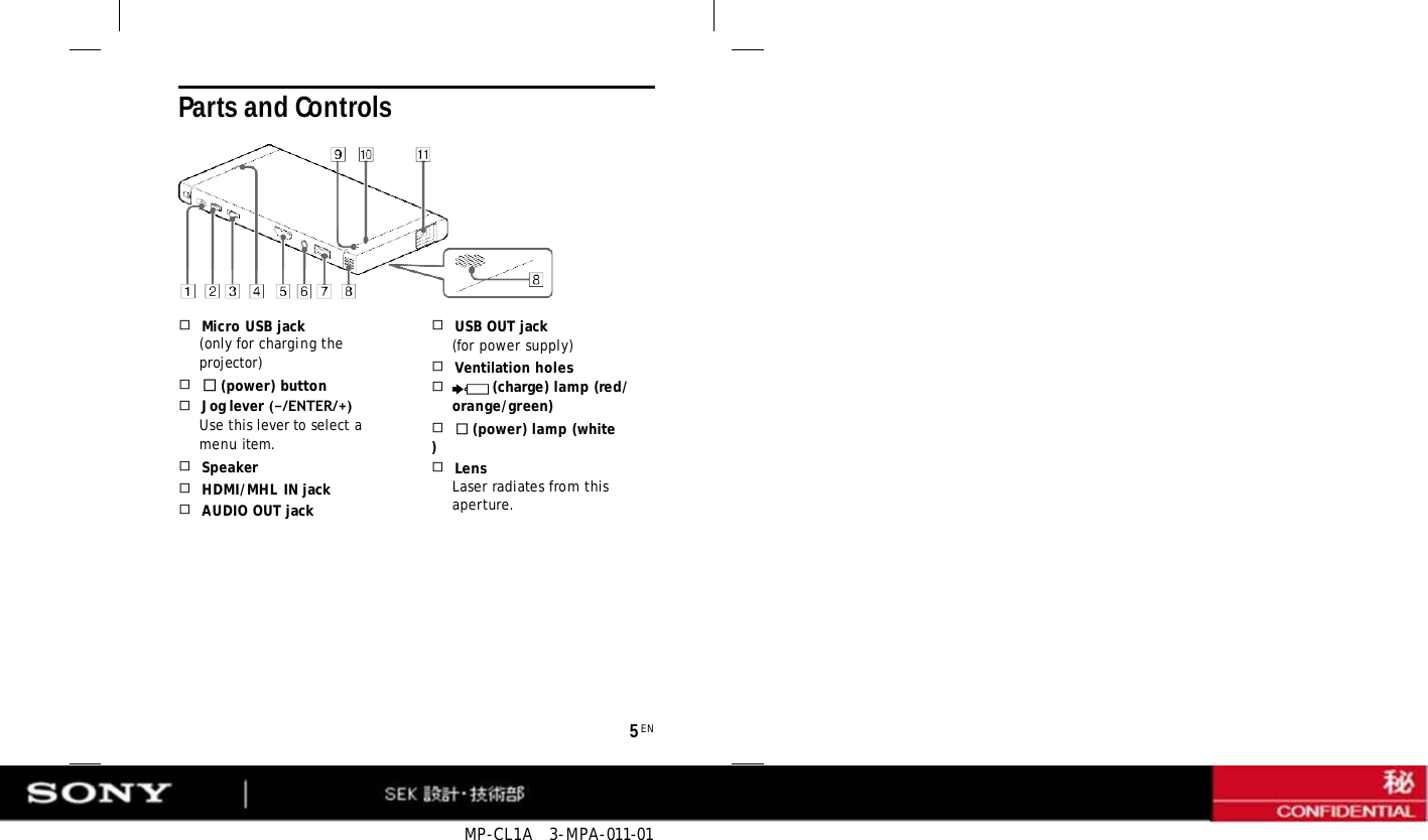 MP-CL1A  3-MPA-011-01 5 EN Parts and Controls    Micro USB jack (only for charging the projector)     (power) button    Jog lever (−/ENTER/+) Use this lever to select a menu item.    Speaker    HDMI/MHL IN jack    AUDIO OUT jack    USB OUT jack (for power supply)    Ventilation holes  (charge) lamp (red/ orange/green)     (power) lamp (white)    Lens Laser radiates from this aperture. 