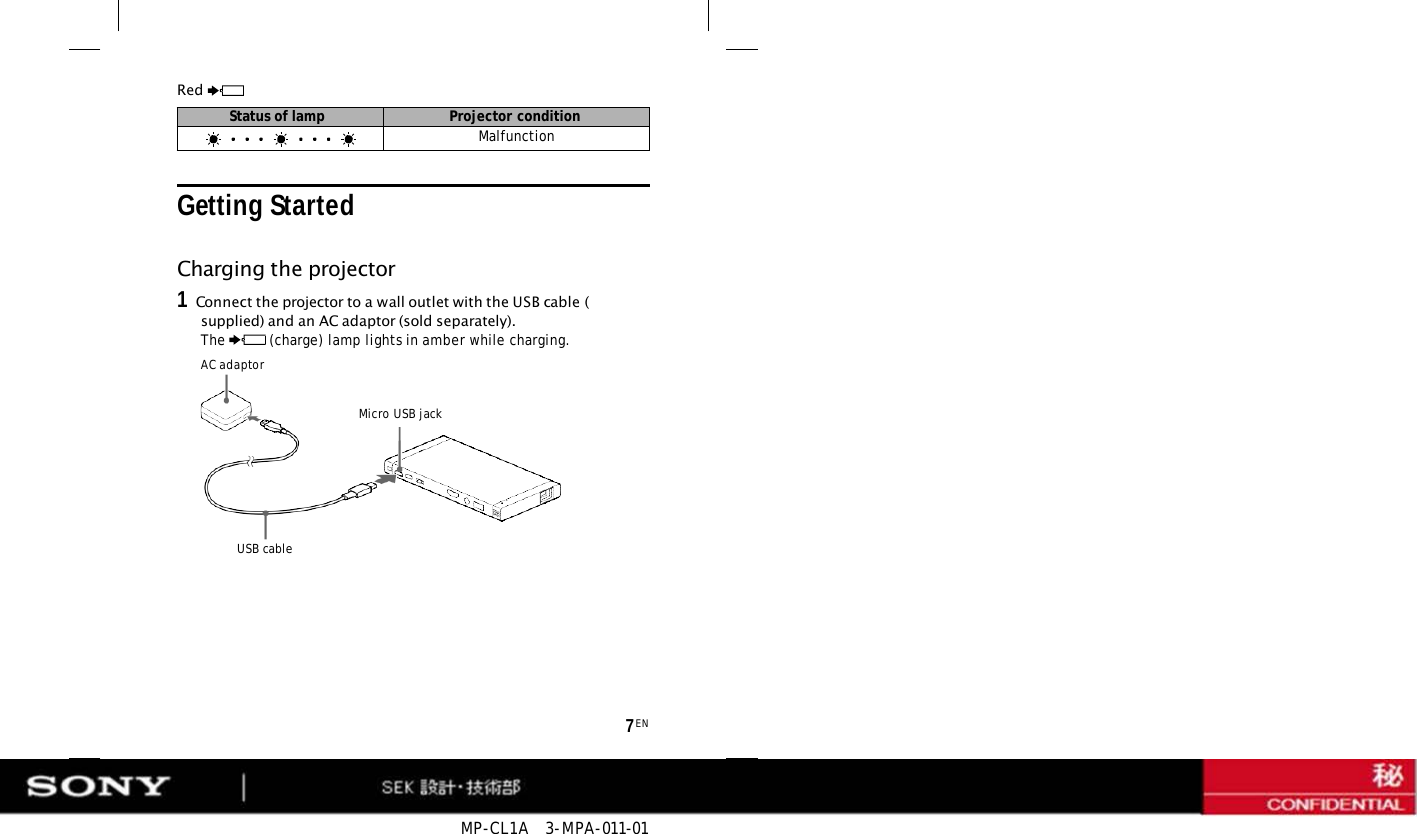 MP-CL1A   3-MPA-011-01 7 EN Micro USB jack   Red Getting Started  Charging the projector 1   Connect the projector to a wall outlet with the USB cable (supplied) and an AC adaptor (sold separately). The (charge) lamp lights in amber while charging. AC adaptor USB cable Status of lamp Projector condition Malfunction 