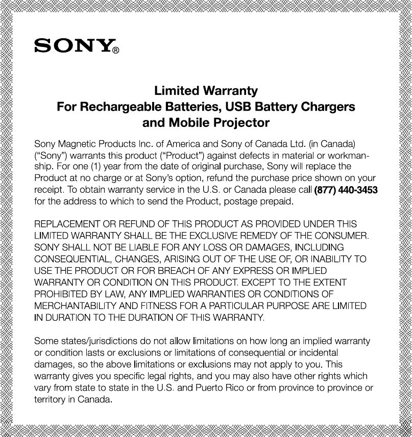 Page 1 of 1 - Sony MP-CL1 Warranty_Card_Battery_Charger_change3-9-16_rev User Manual Limited Warranty Card Battery Charger