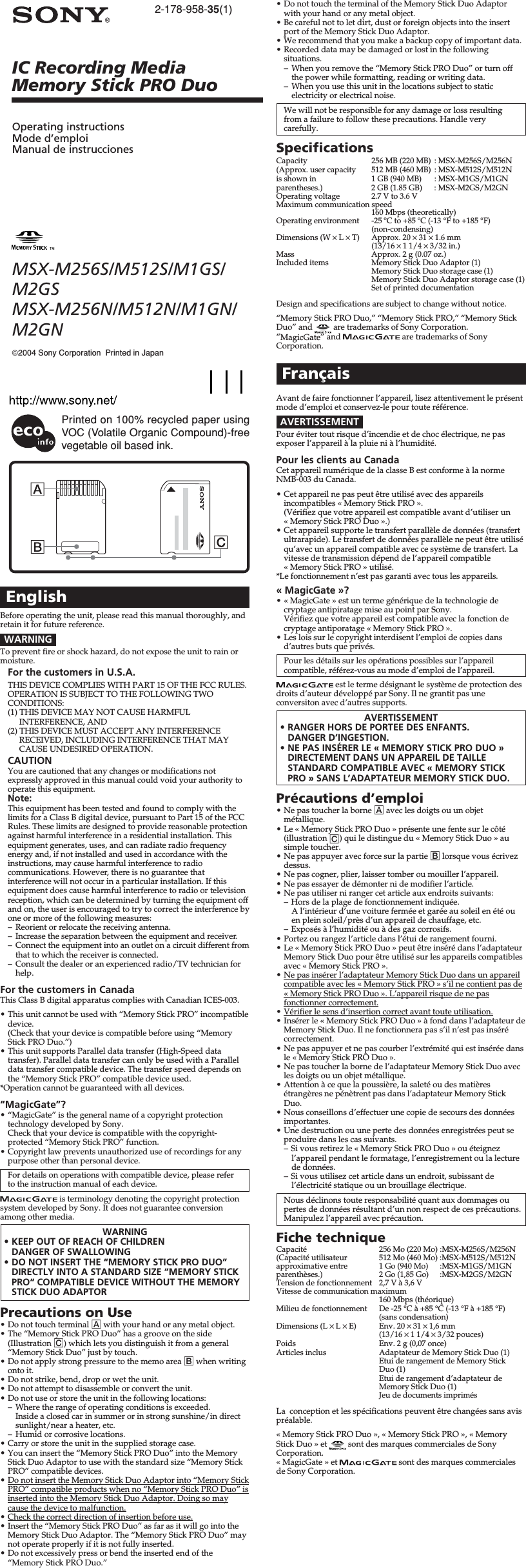 Page 1 of 2 - Sony MSX-512S MSX-M256S/M512S/M1GS/M2GS, MSX-M256N/M512N/M1GN/M2GN User Manual Operating Instructions (Memory Stick Media) MSXM1GS