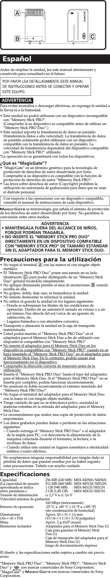 Page 2 of 2 - Sony MSX-512S MSX-M256S/M512S/M1GS/M2GS, MSX-M256N/M512N/M1GN/M2GN User Manual Operating Instructions (Memory Stick Media) MSXM1GS