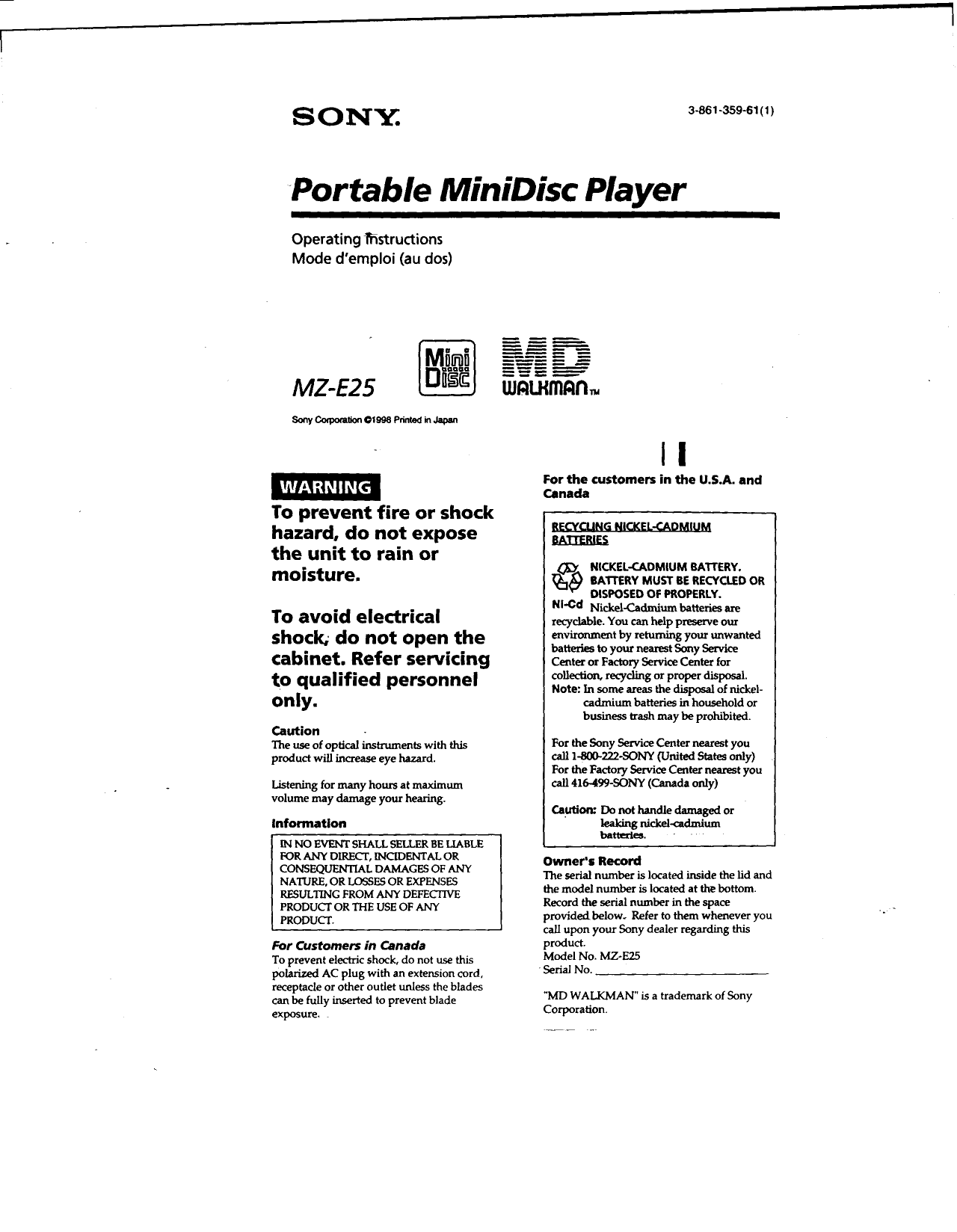 Page 1 of 12 - Sony MZ-E25 Primary User Manual MZE25
