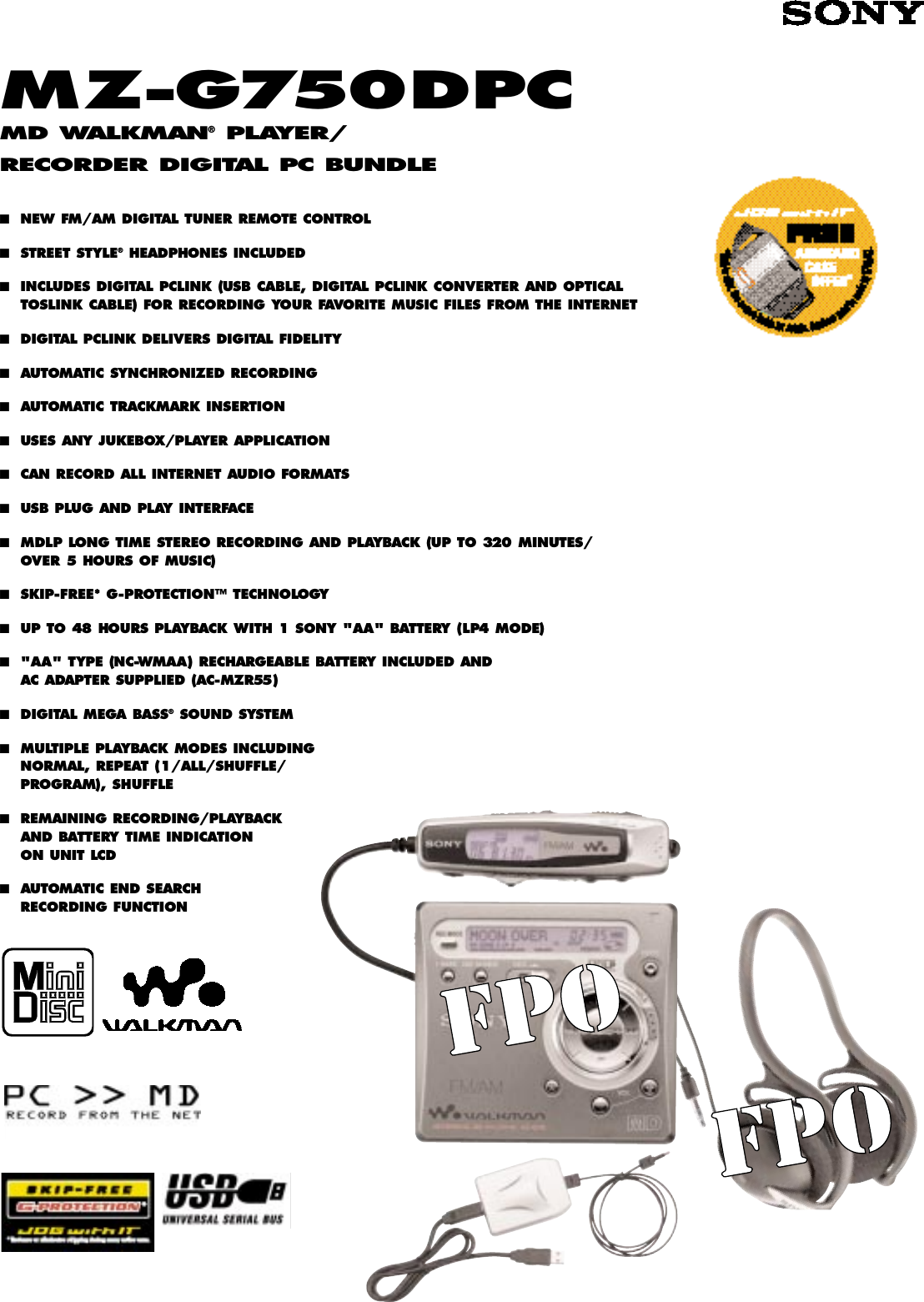 Page 1 of 2 - Sony MZ-G750DPC SON 823; User Manual Marketing Specifications MZG750DPC Mksp