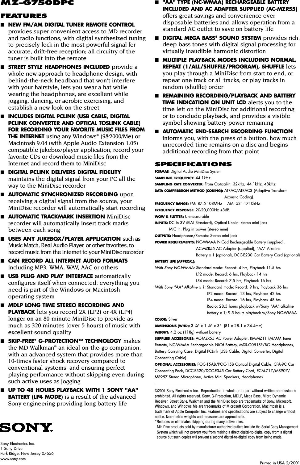 Page 2 of 2 - Sony MZ-G750DPC SON 823; User Manual Marketing Specifications MZG750DPC Mksp