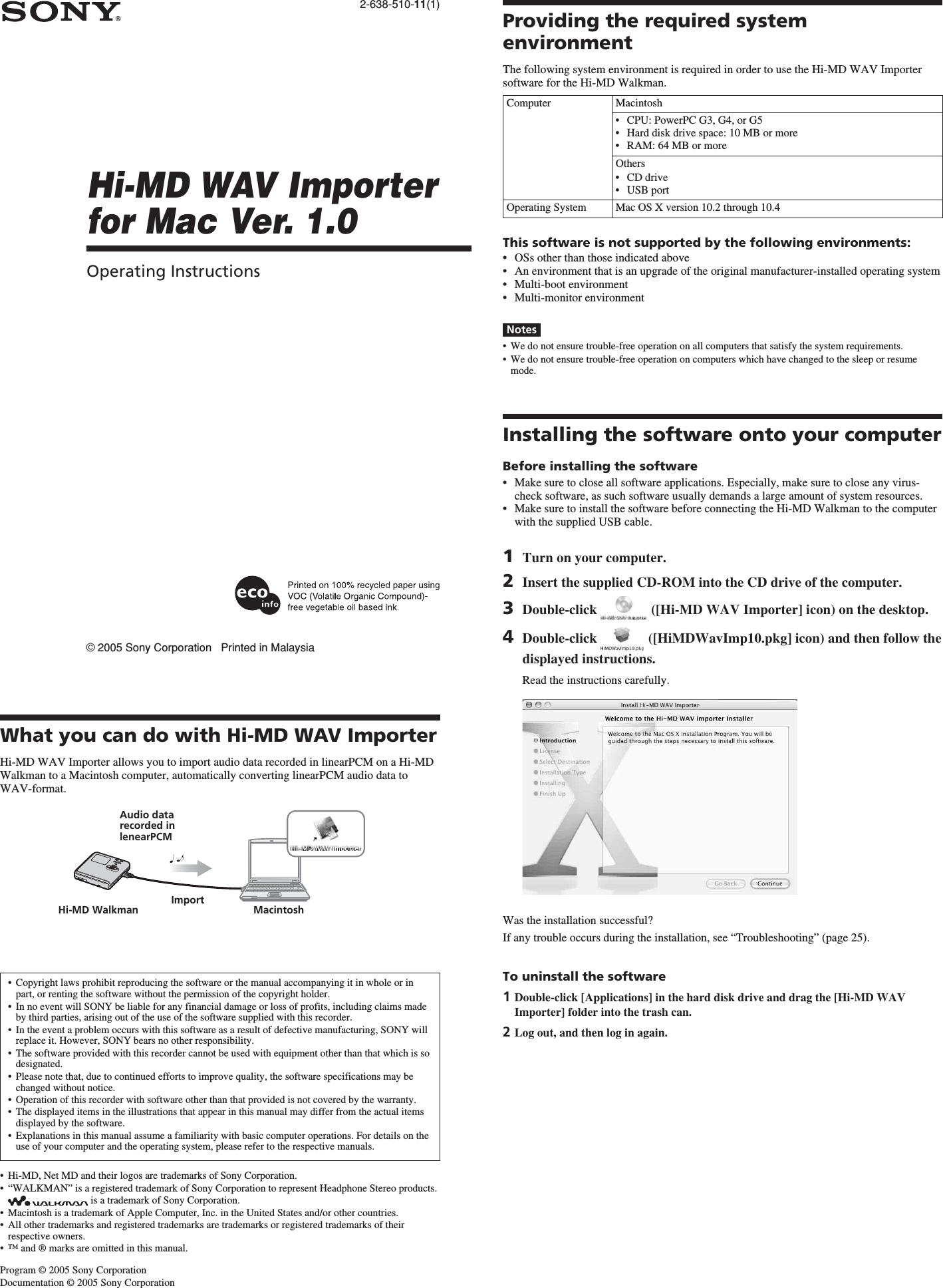 Page 1 of 2 - Sony MZ-M100 User Manual Hi-MD WAV Importer For Mac Operating Instructions MACWAVImporter Operation