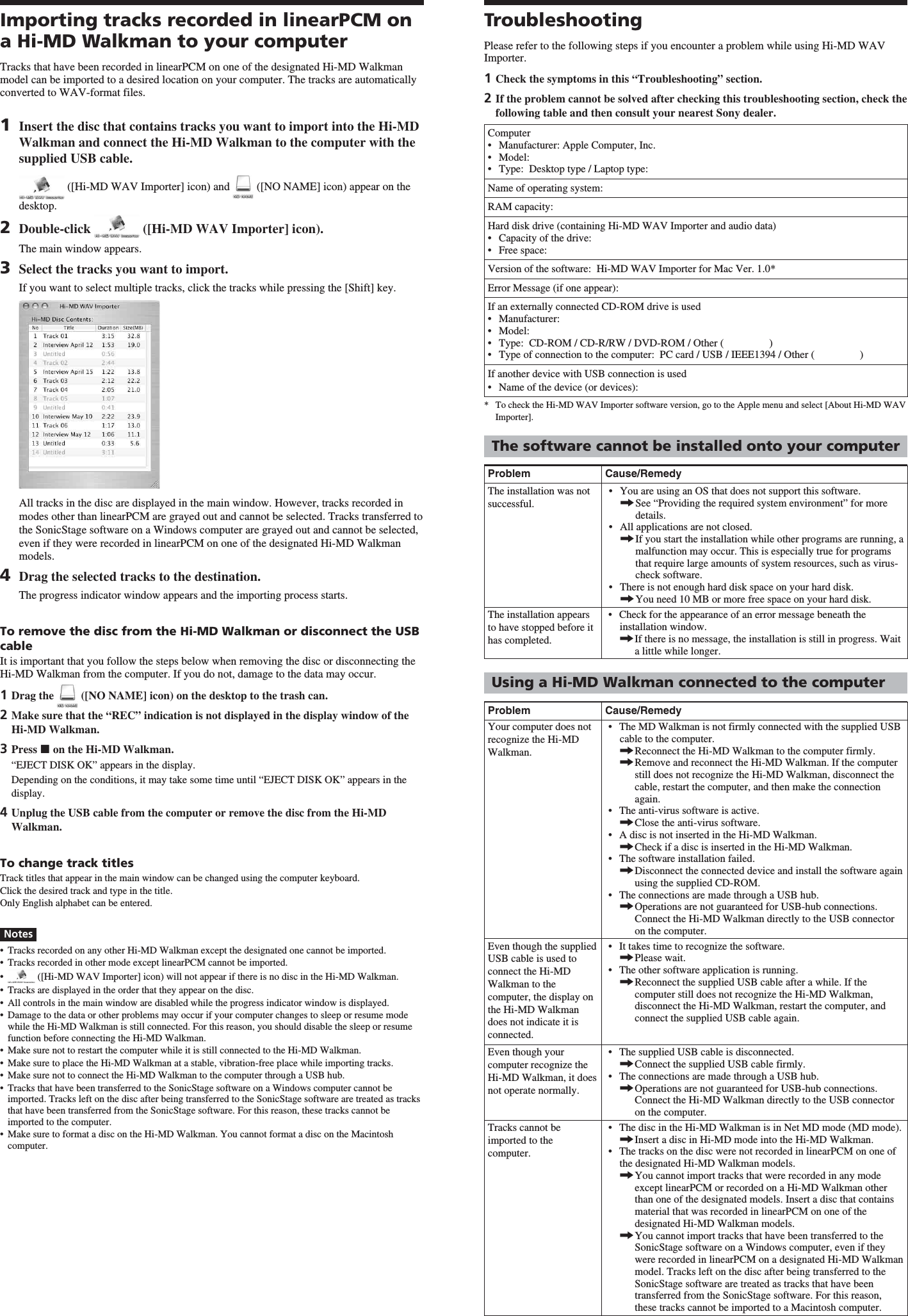 Page 2 of 2 - Sony MZ-M100 User Manual Hi-MD WAV Importer For Mac Operating Instructions MACWAVImporter Operation