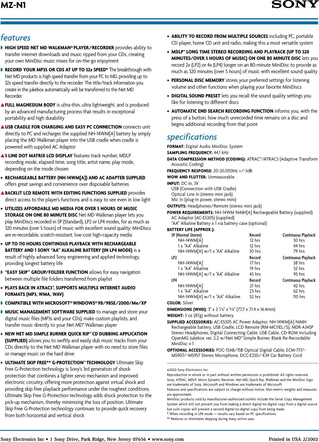 Page 2 of 2 - Sony MZ-N1 SON 907; User Manual Marketing Specifications MZN1 Sp