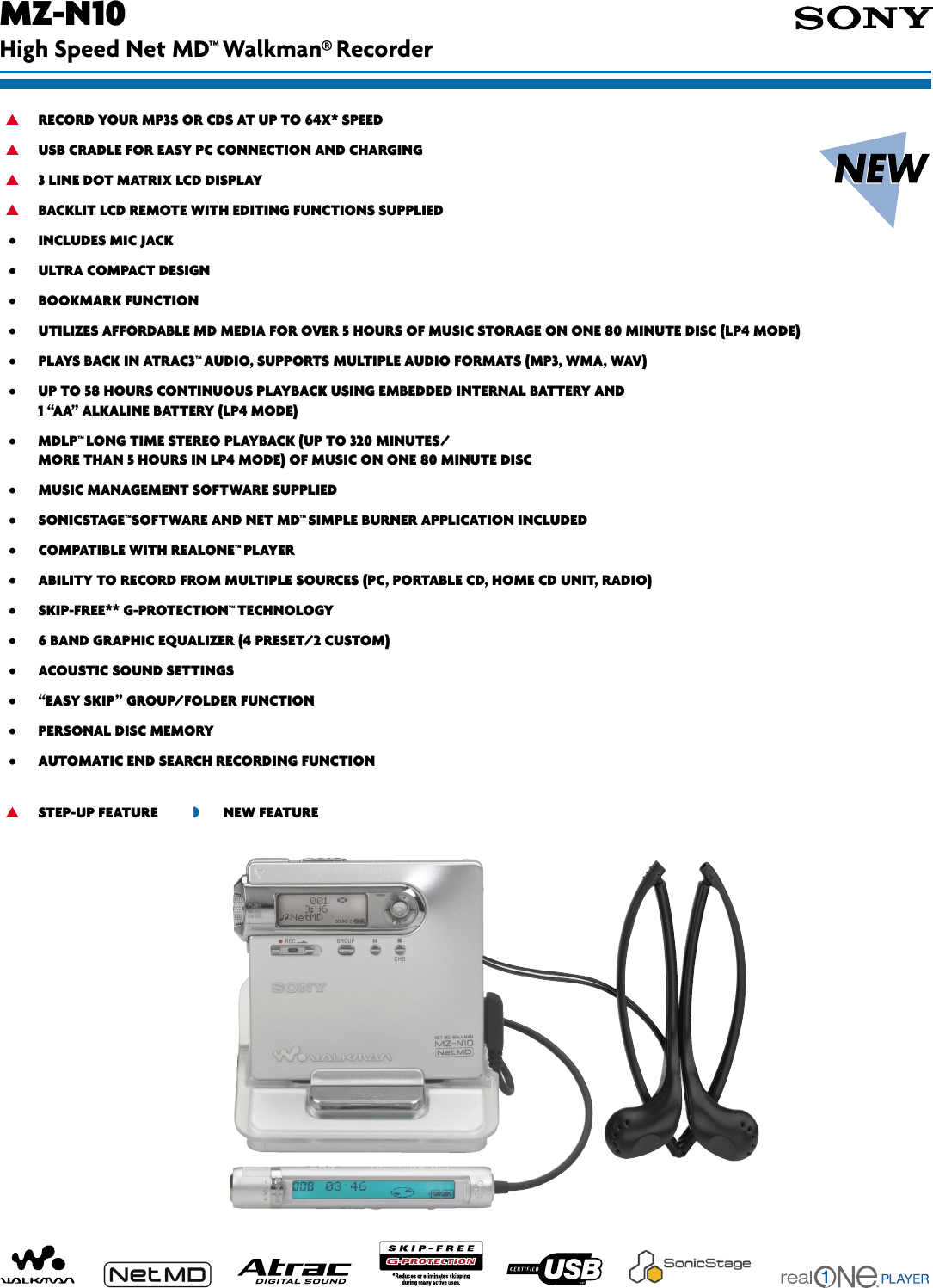 Page 1 of 2 - Sony MZ-N10 Son 947; User Manual Marketing Specifications MZN10 Mksp