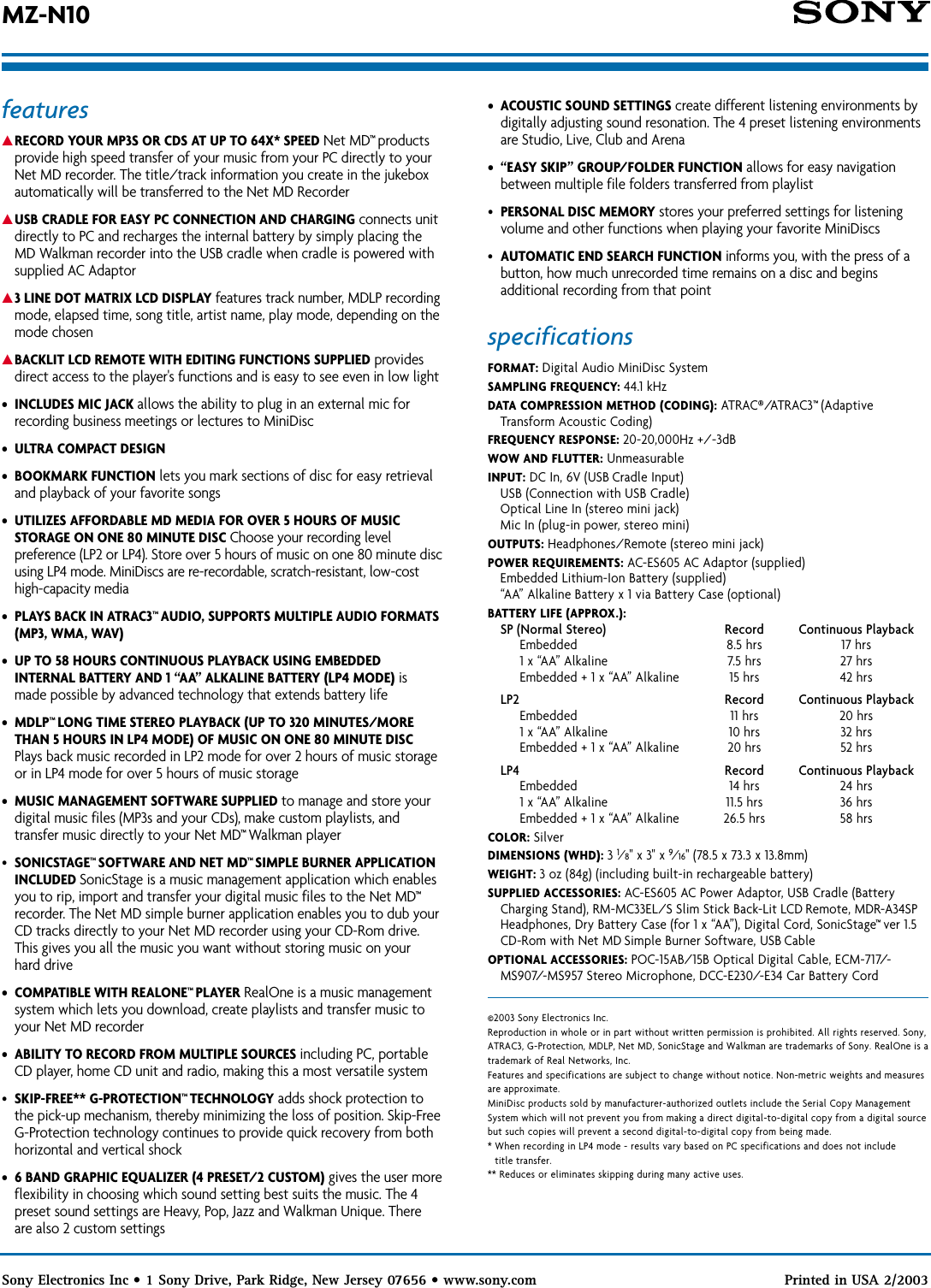 Page 2 of 2 - Sony MZ-N10 Son 947; User Manual Marketing Specifications MZN10 Mksp
