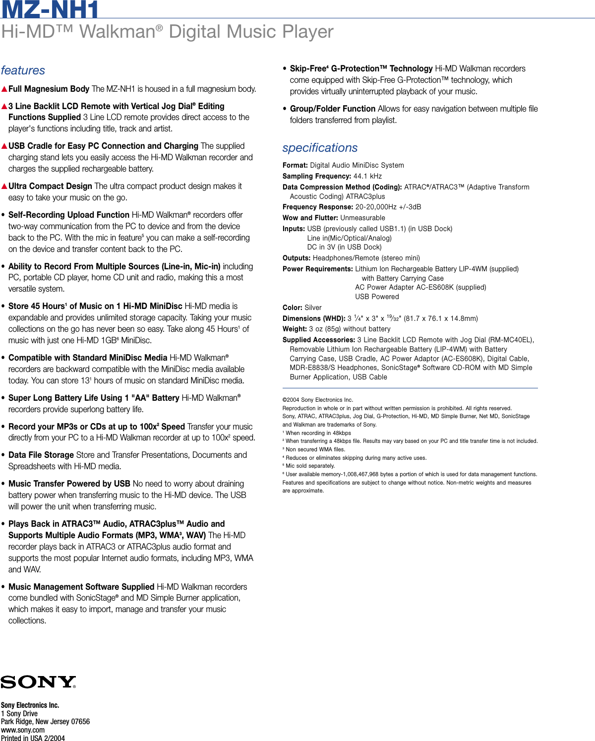 Page 2 of 2 - Sony MZ-NH1 SON 983; User Manual Marketing Specifications MZNH1 Mksp