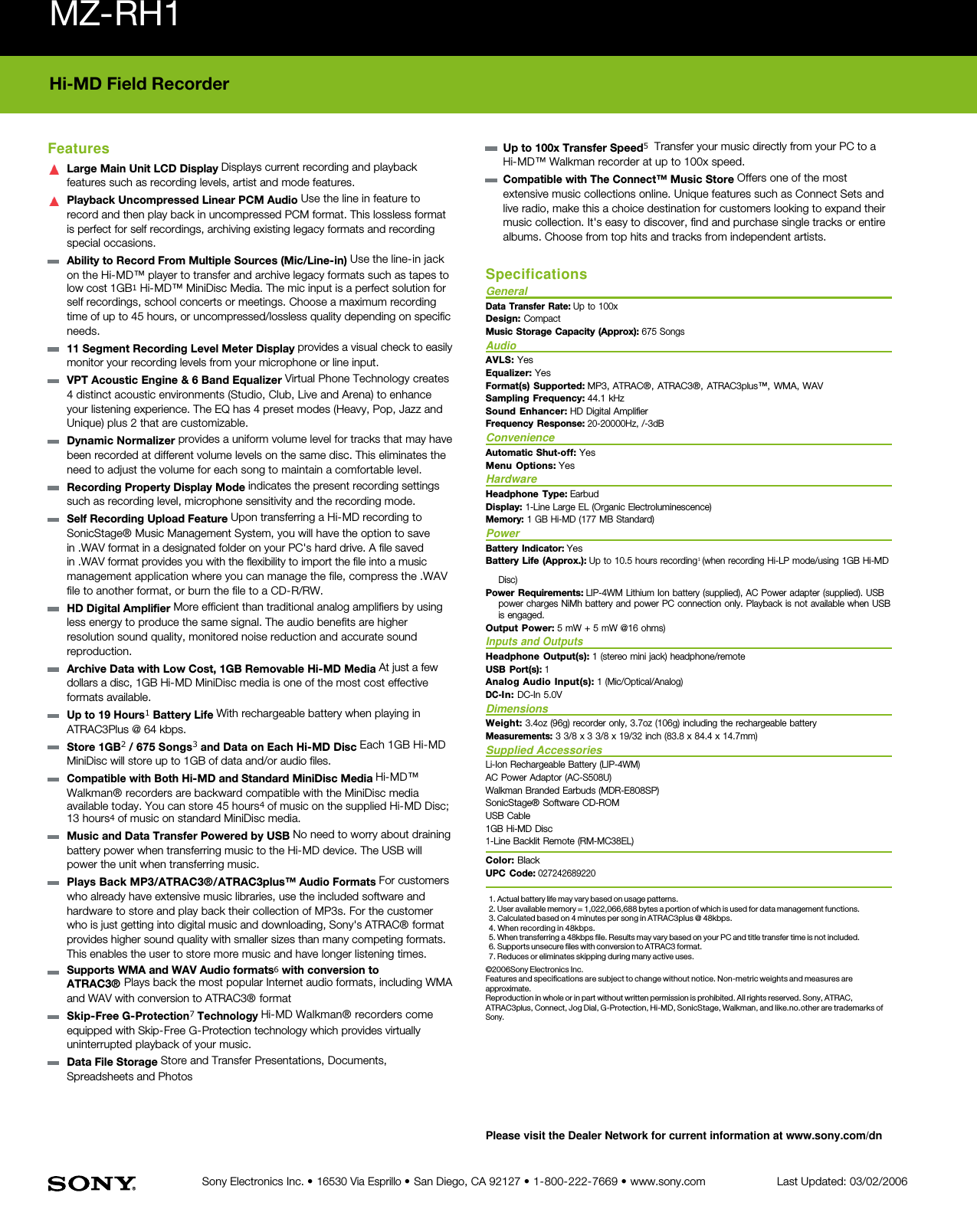 Page 2 of 2 - Sony MZ-RH1 User Manual Marketing Specifications MZRH1 Specs
